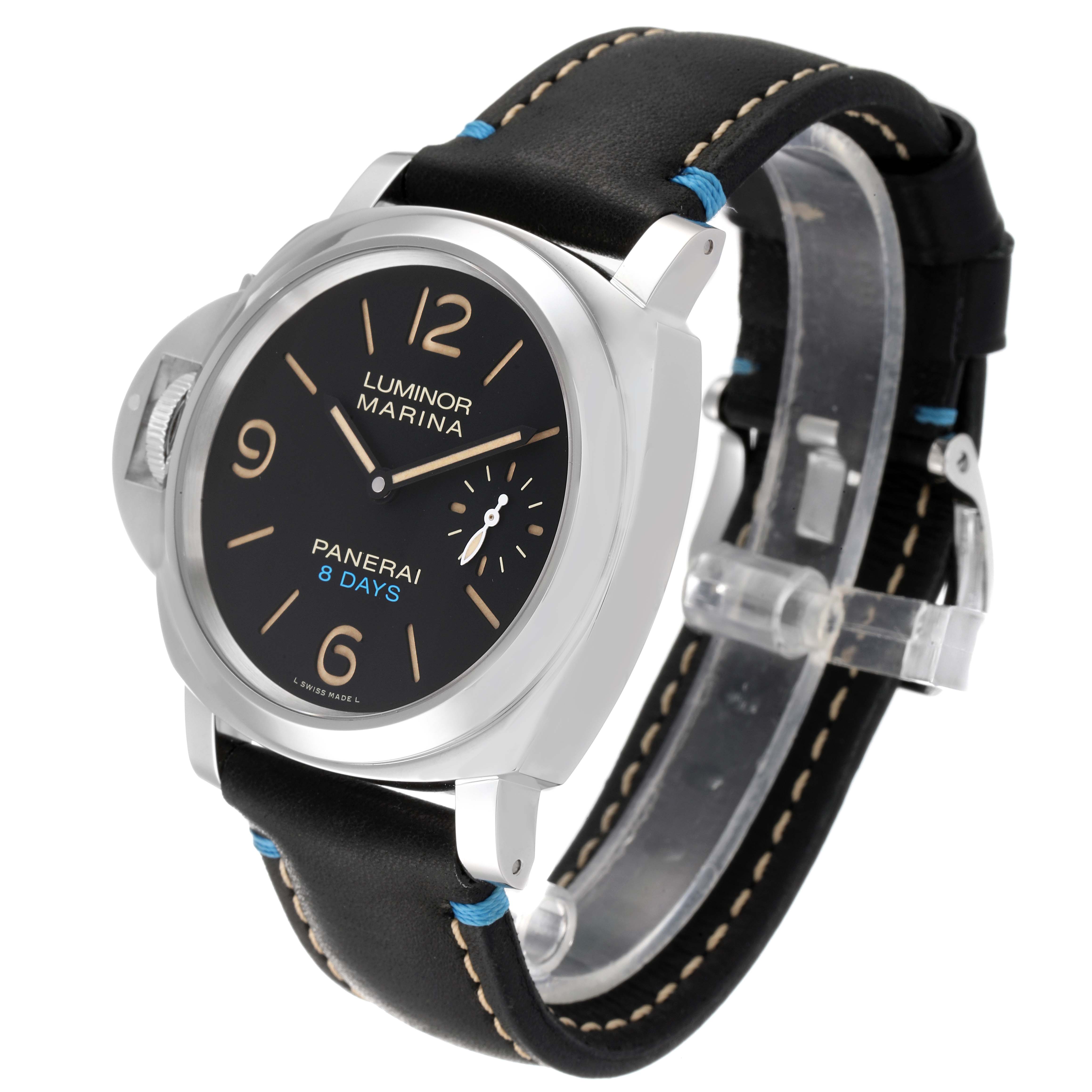 The Panerai Luminor PAM00796 Men
s Stainless Steel Black Dial PAM00796 Men
s Stainless Steel Black Dial watch is shown at a front angle, displaying the watch face, case, and leather strap.