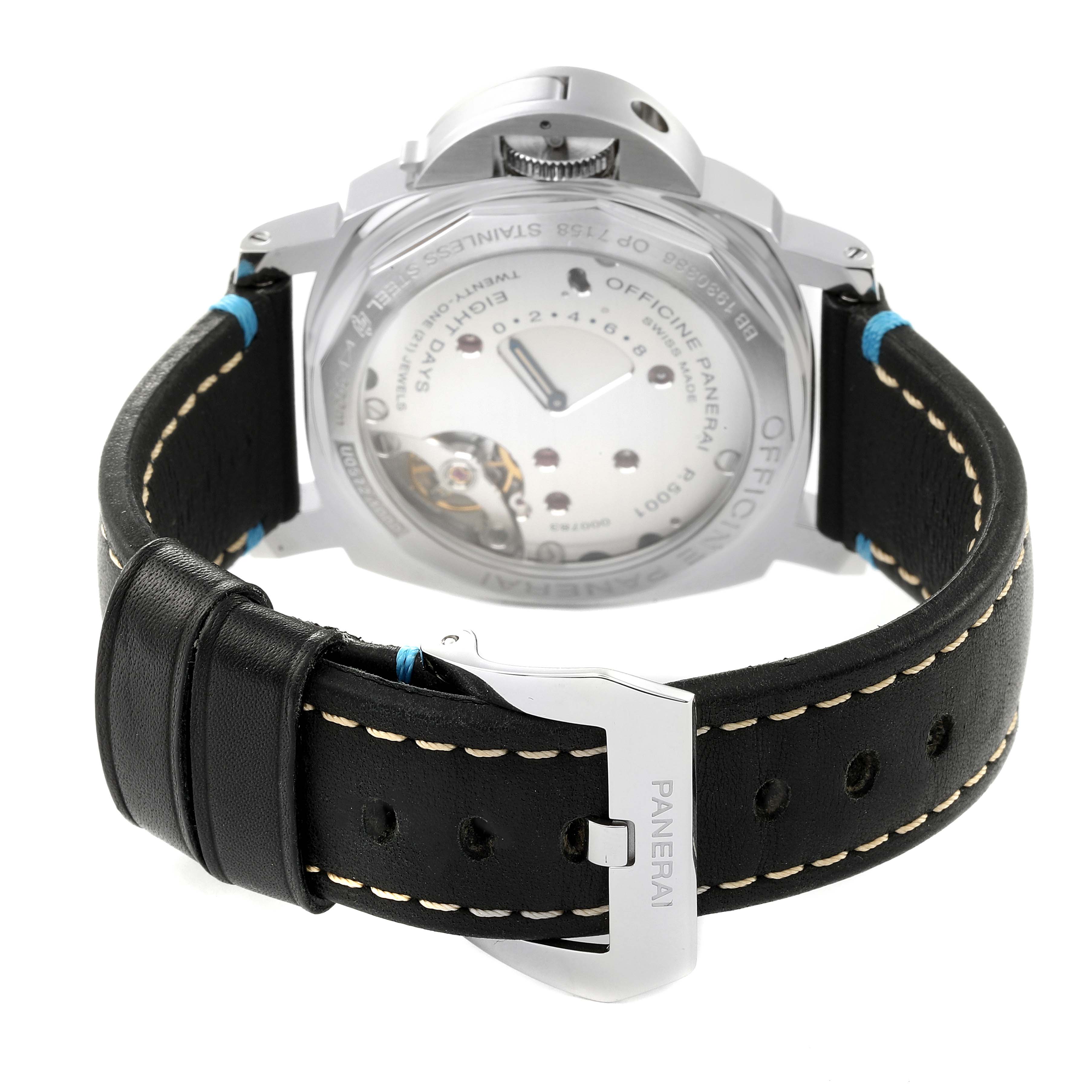 This image shows the rear view of a Panerai Luminor PAM00796 Men
s Stainless Steel Black Dial PAM00796 Men
s Stainless Steel Black Dial watch, including the back case and leather strap with the Panerai buckle.