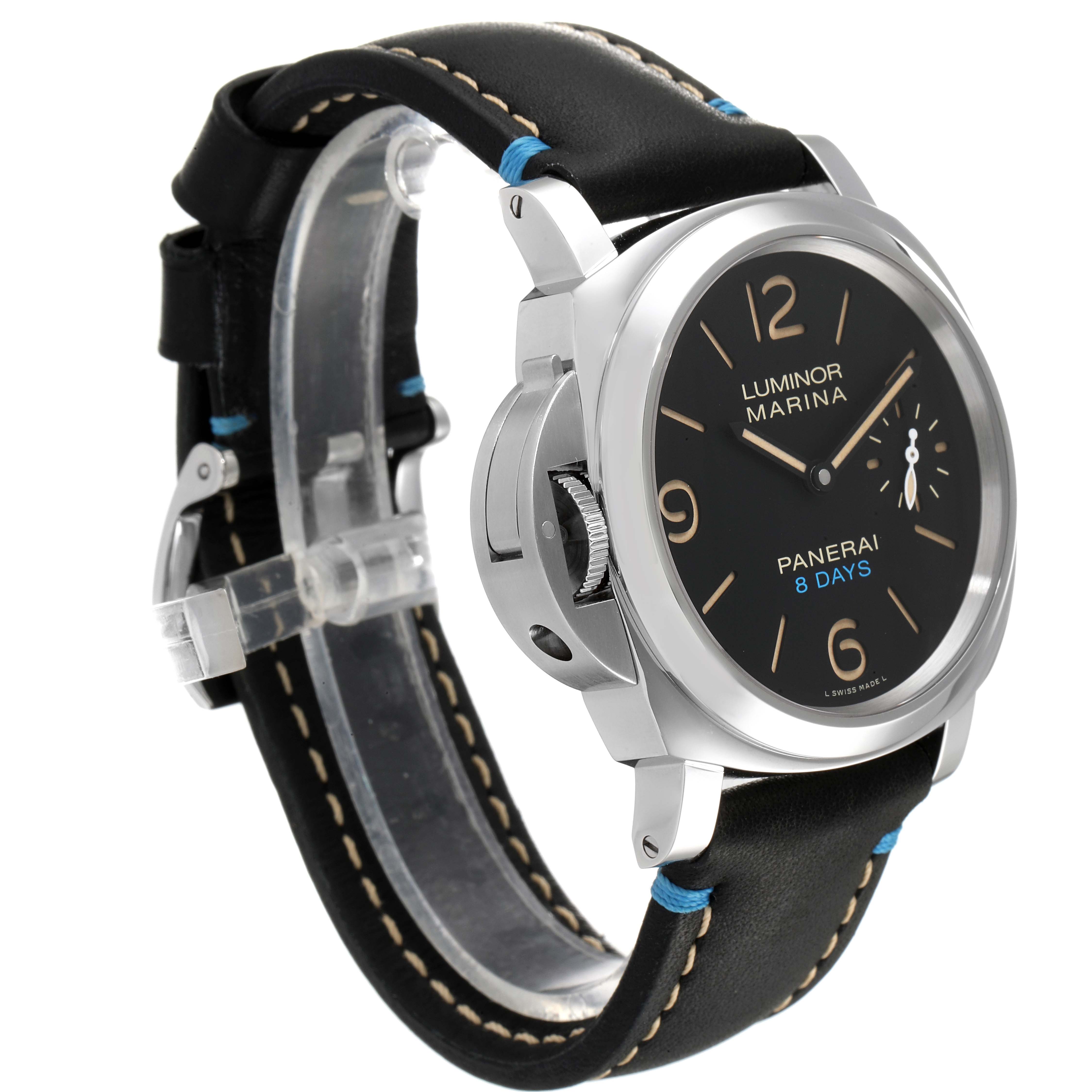 The photo shows a front-quarter view of the Panerai Luminor PAM00796 Men
s Stainless Steel Black Dial PAM00796 Men
s Stainless Steel Black Dial Marina watch, highlighting the face, case, and part of the leather strap.