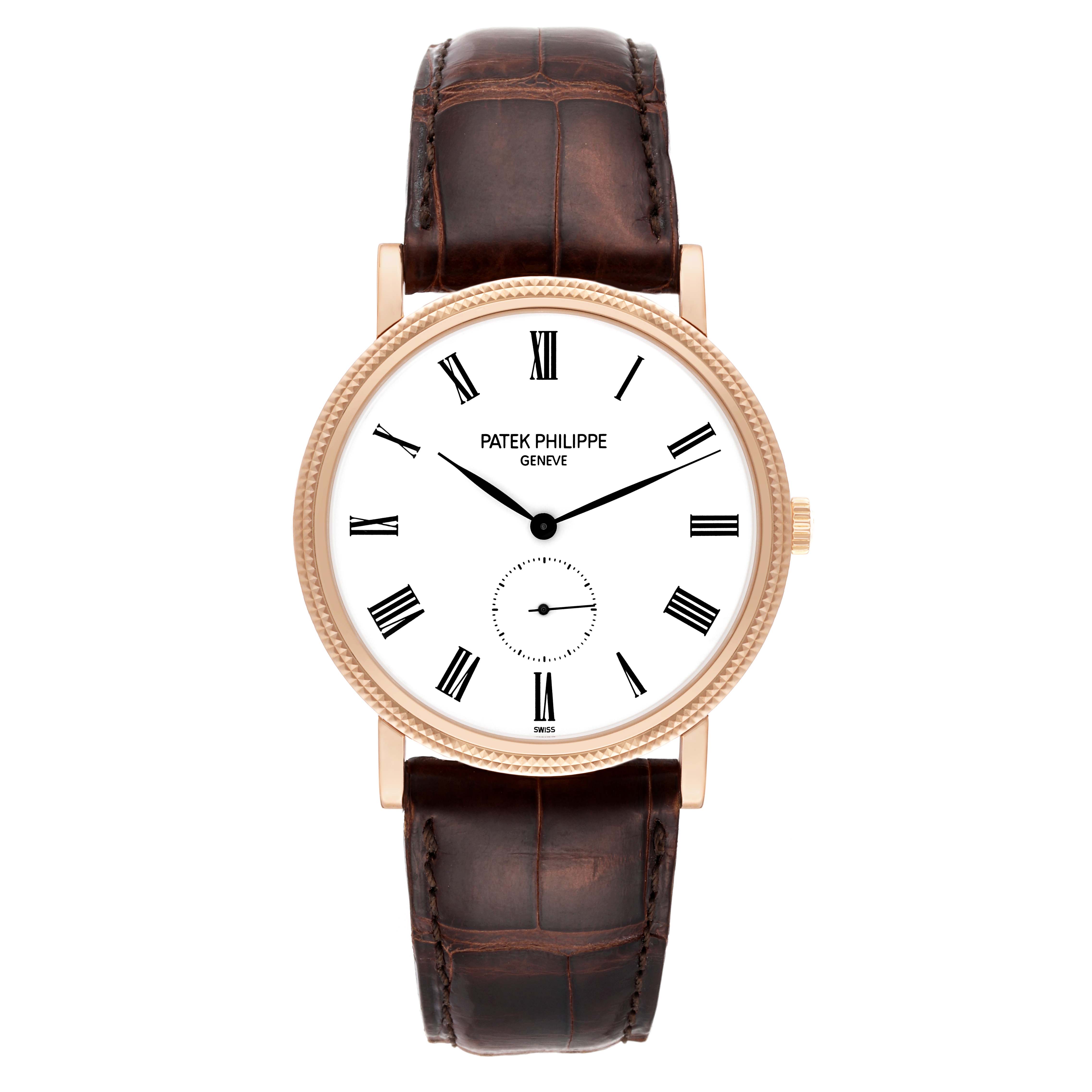 This image shows a front view of the Calatrava model by Patek Philippe, highlighting the white dial, Roman numerals, and brown leather strap.