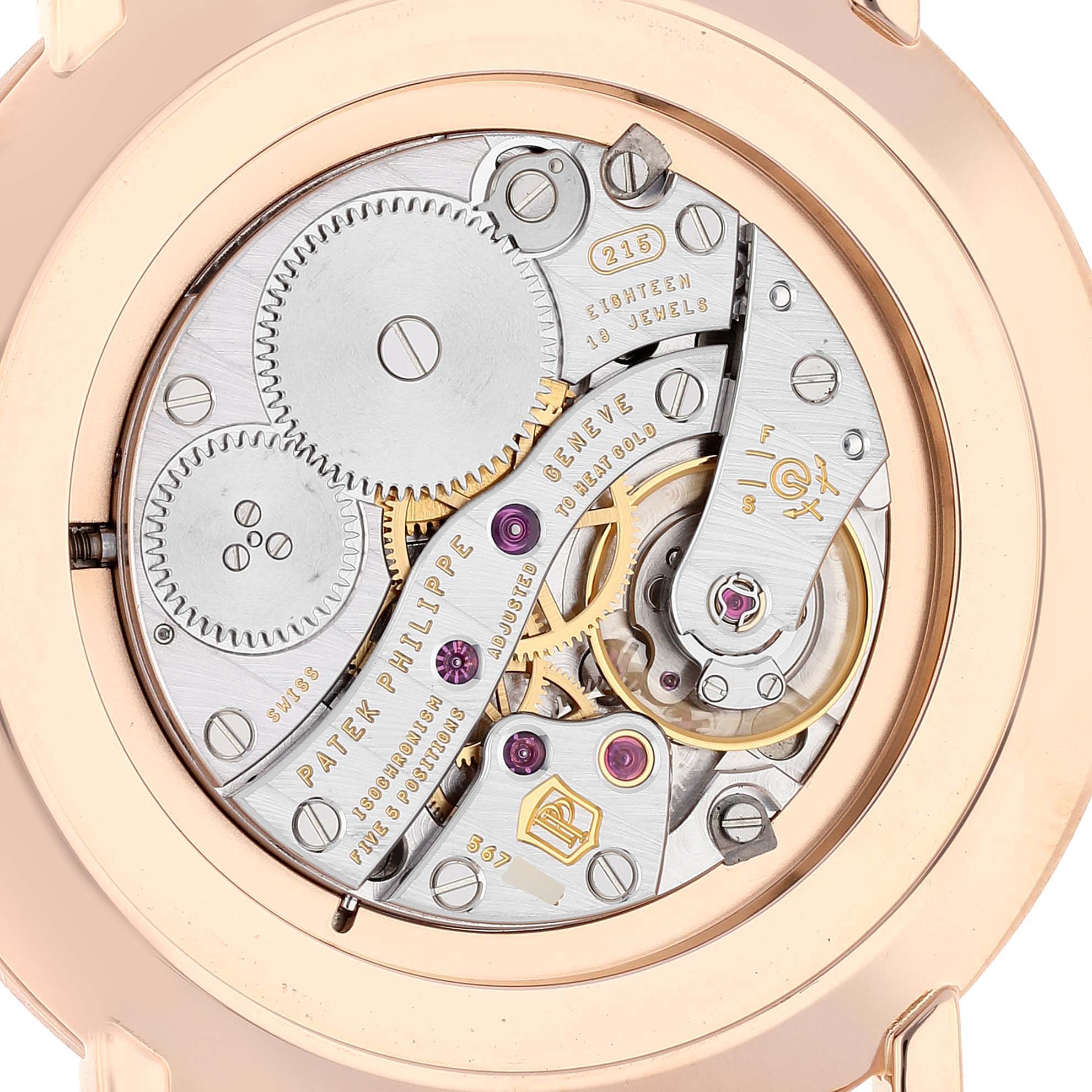 This image shows the back view of the Patek Philippe Calatrava 5119R Men
s Rose Gold White Dial 5119R Men
s Rose Gold White Dial, highlighting its intricate movement and mechanism.