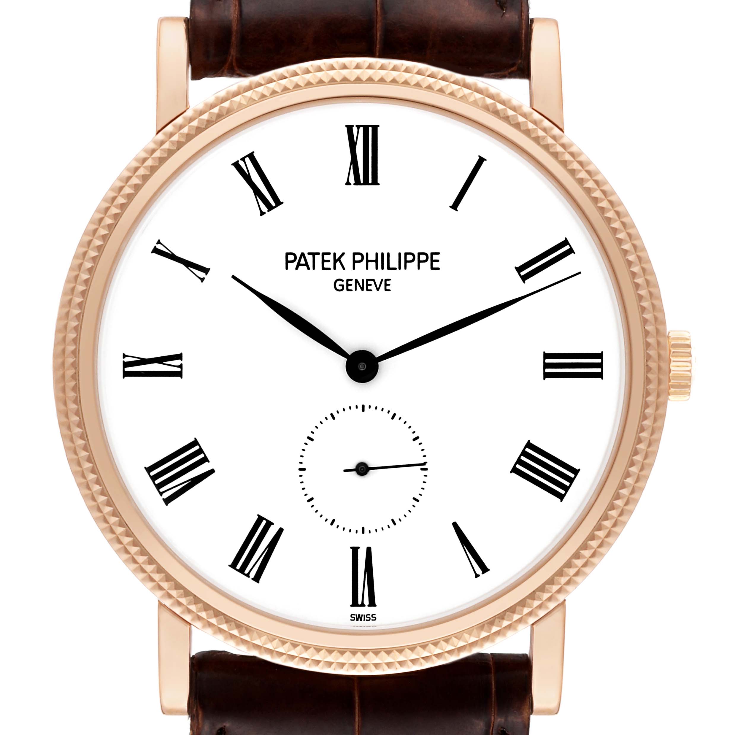 The image shows the front view of a Patek Philippe Calatrava 5119R Men
s Rose Gold White Dial 5119R Men
s Rose Gold White Dial watch, featuring its dial, hands, and part of the leather strap.