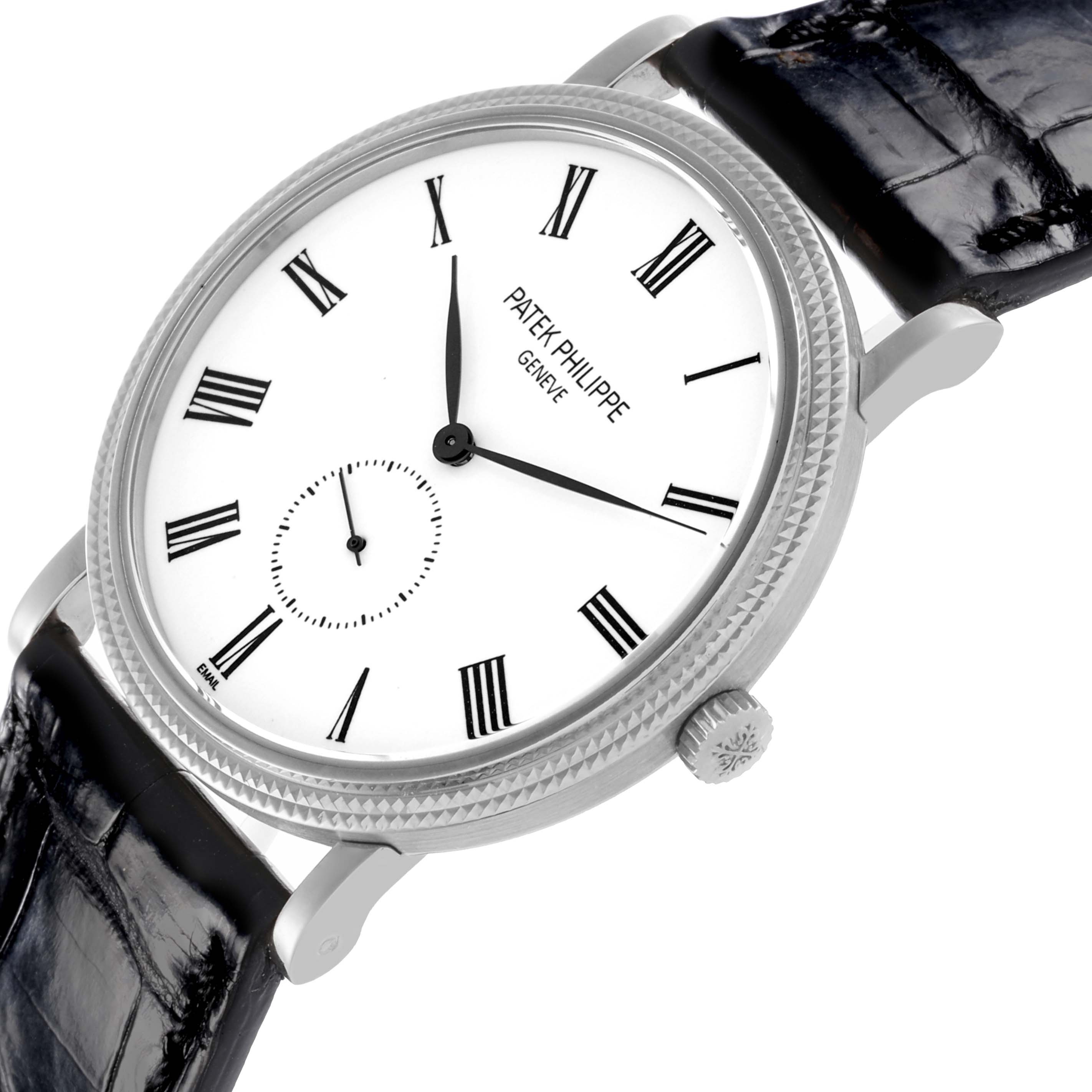 The Patek Philippe Calatrava 5116G Men
s White Gold White Dial 5116G Men
s White Gold White Dial watch is shown at an angled side view, displaying the face, bezel, crown, and part of the leather strap.