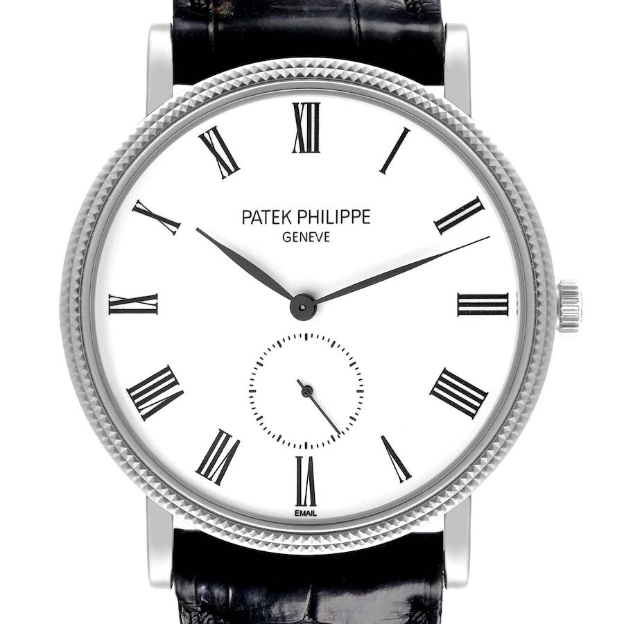 The Patek Philippe Calatrava watch is shown from the front, highlighting its Roman numeral dial, hands, and bezel.