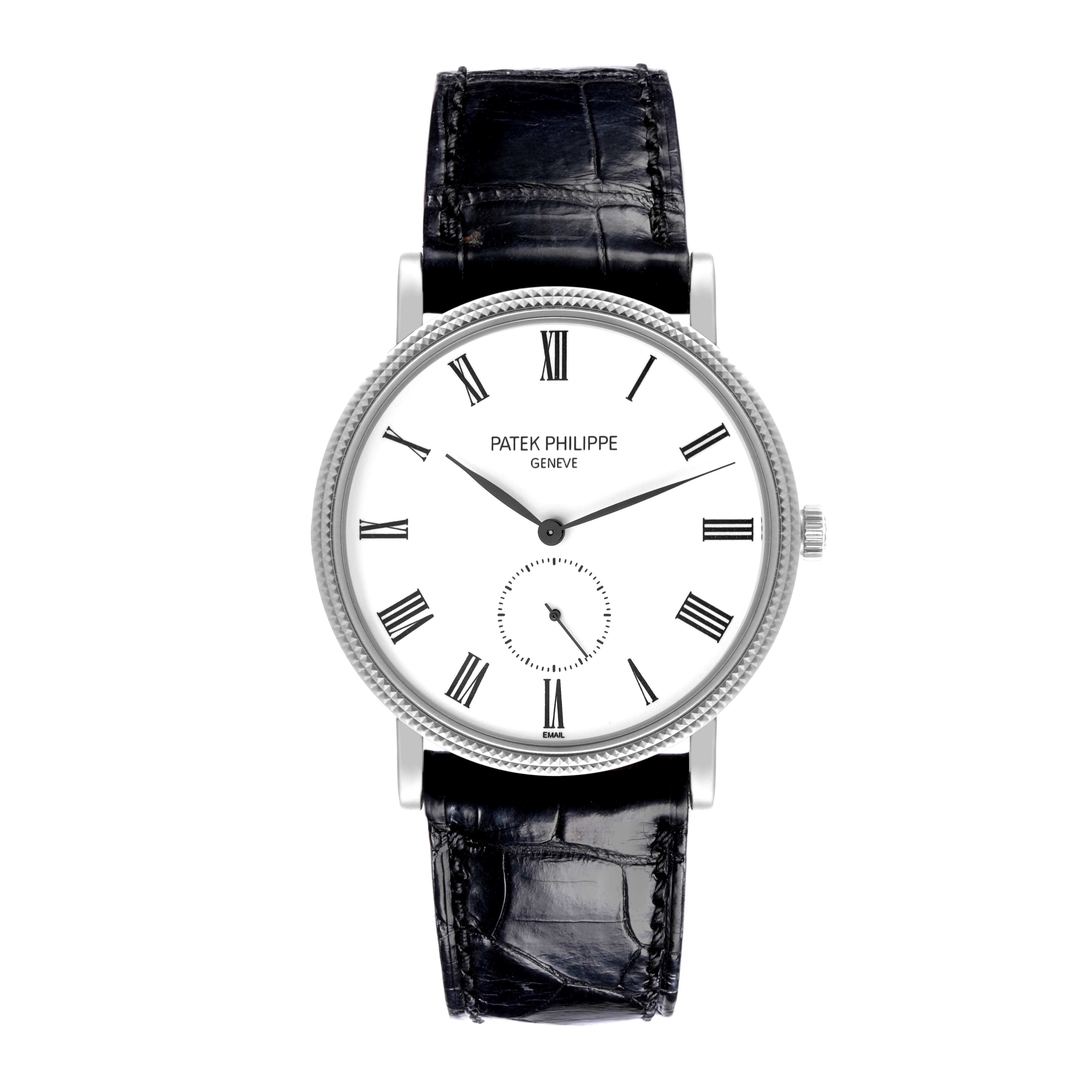 The Patek Philippe Calatrava 5116G Men
s White Gold White Dial 5116G Men
s White Gold White Dial watch is shown from a front angle, displaying the face, leather strap, and crown.