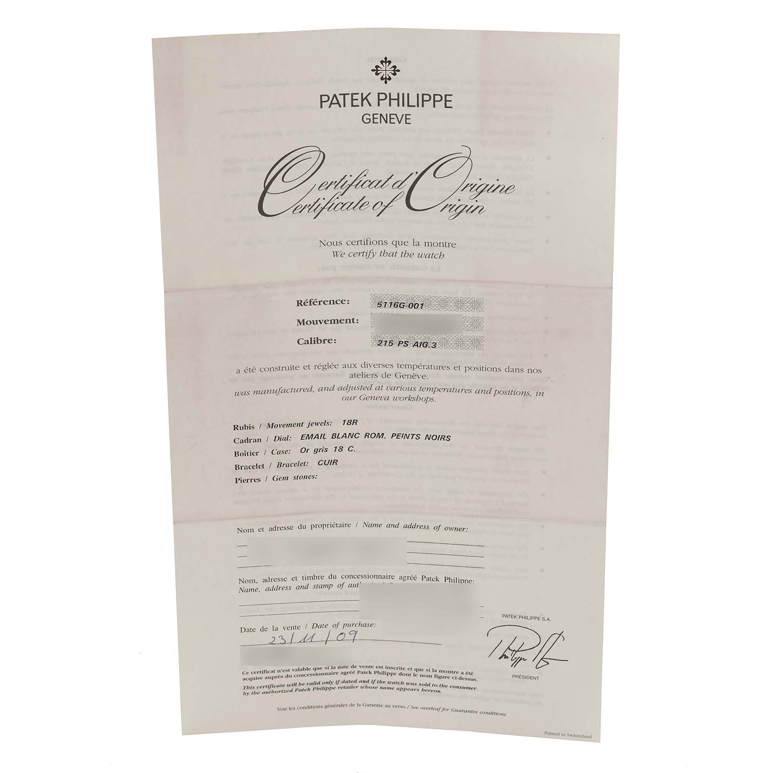 The image shows a Certificate of Origin for a Patek Philippe Calatrava 5116G Men
s White Gold White Dial 5116G Men
s White Gold White Dial watch.