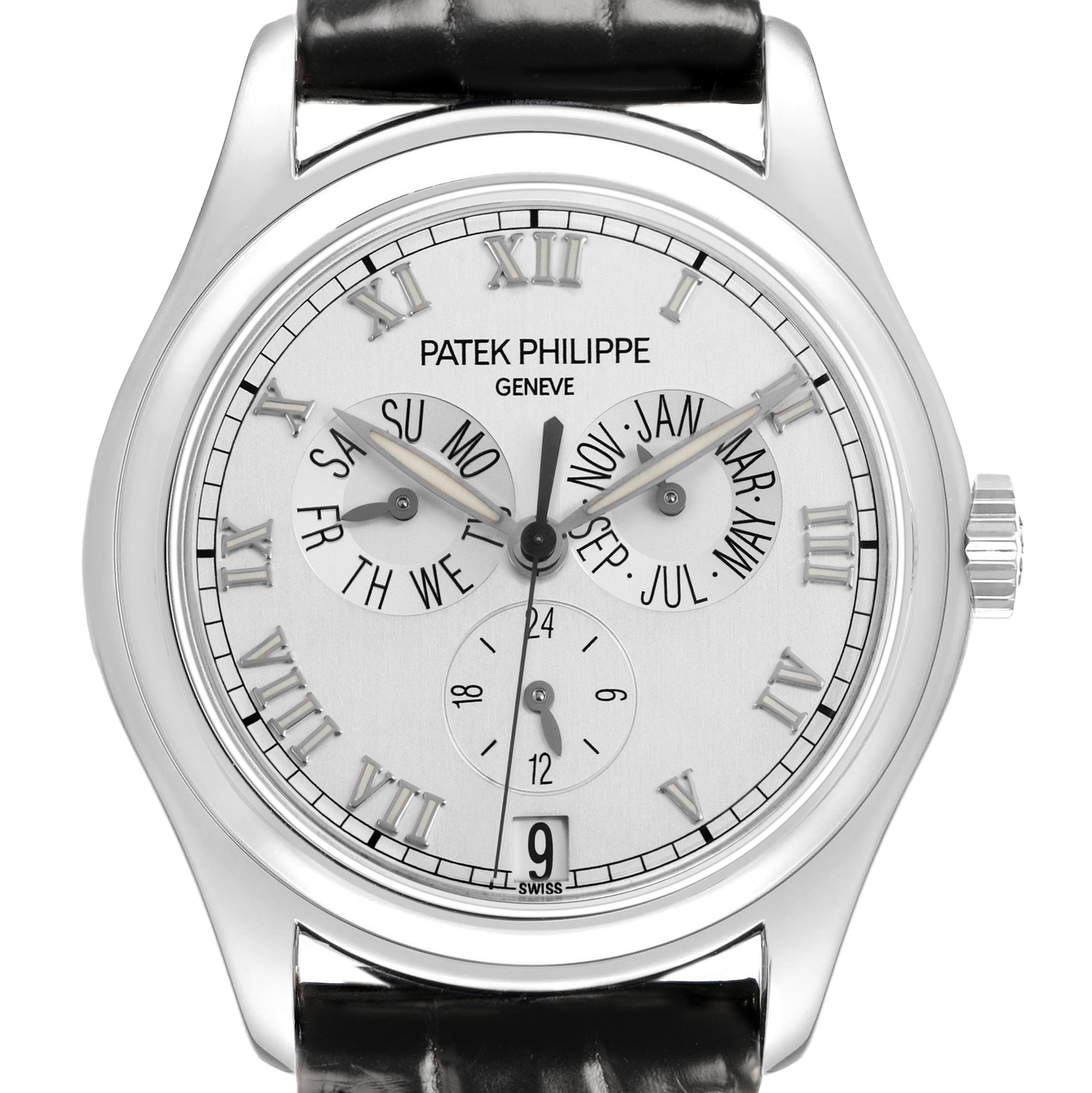 The watch shows a frontal view of the Patek Philippe Complications 5035G-039 Men's White Gold Silver Dial, highlighting its dial with Roman numerals and subdials.