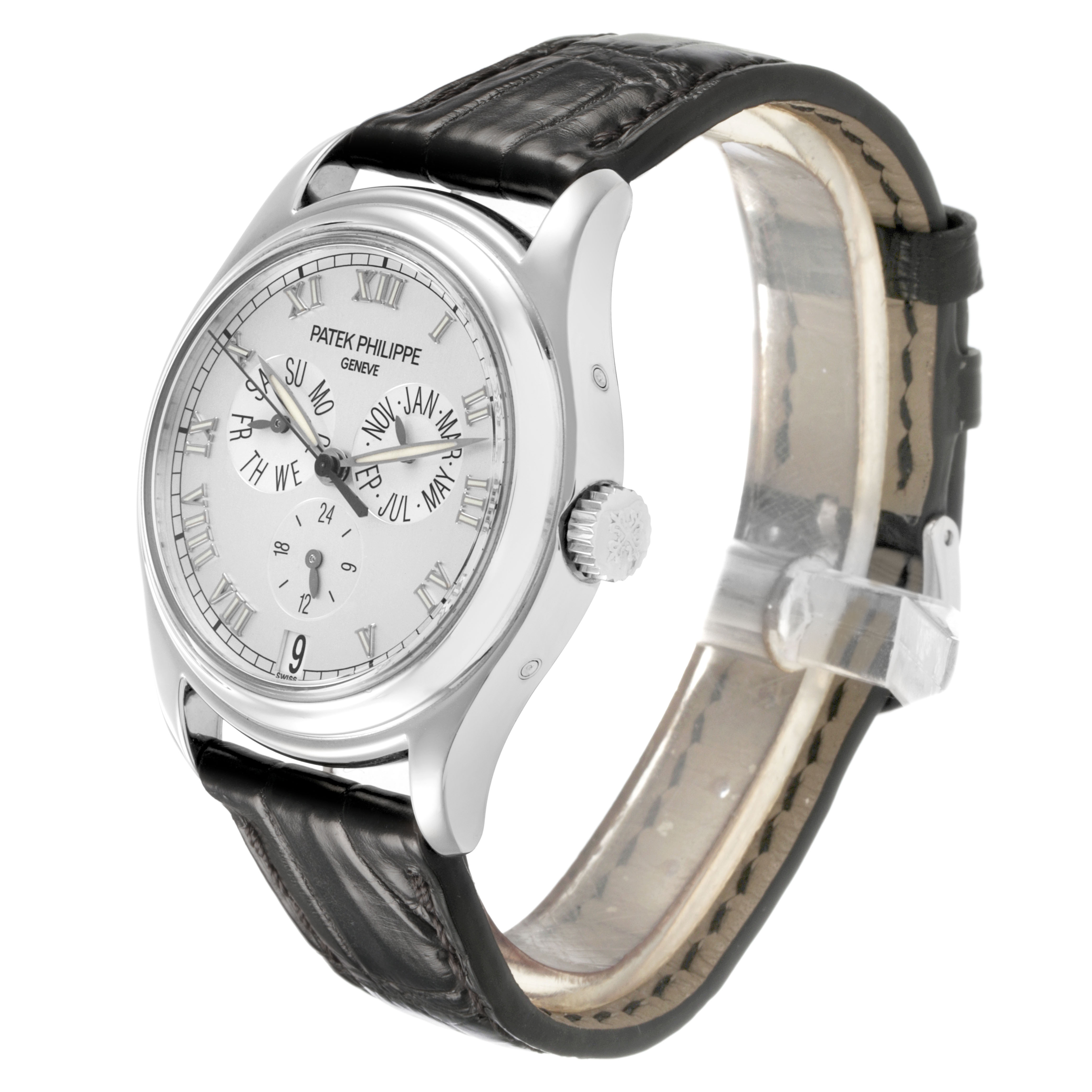 The Patek Philippe Complications 5035G-039 Men's White Gold Silver Dial watch is shown at a three-quarter angle, highlighting the face, crown, and black leather strap.