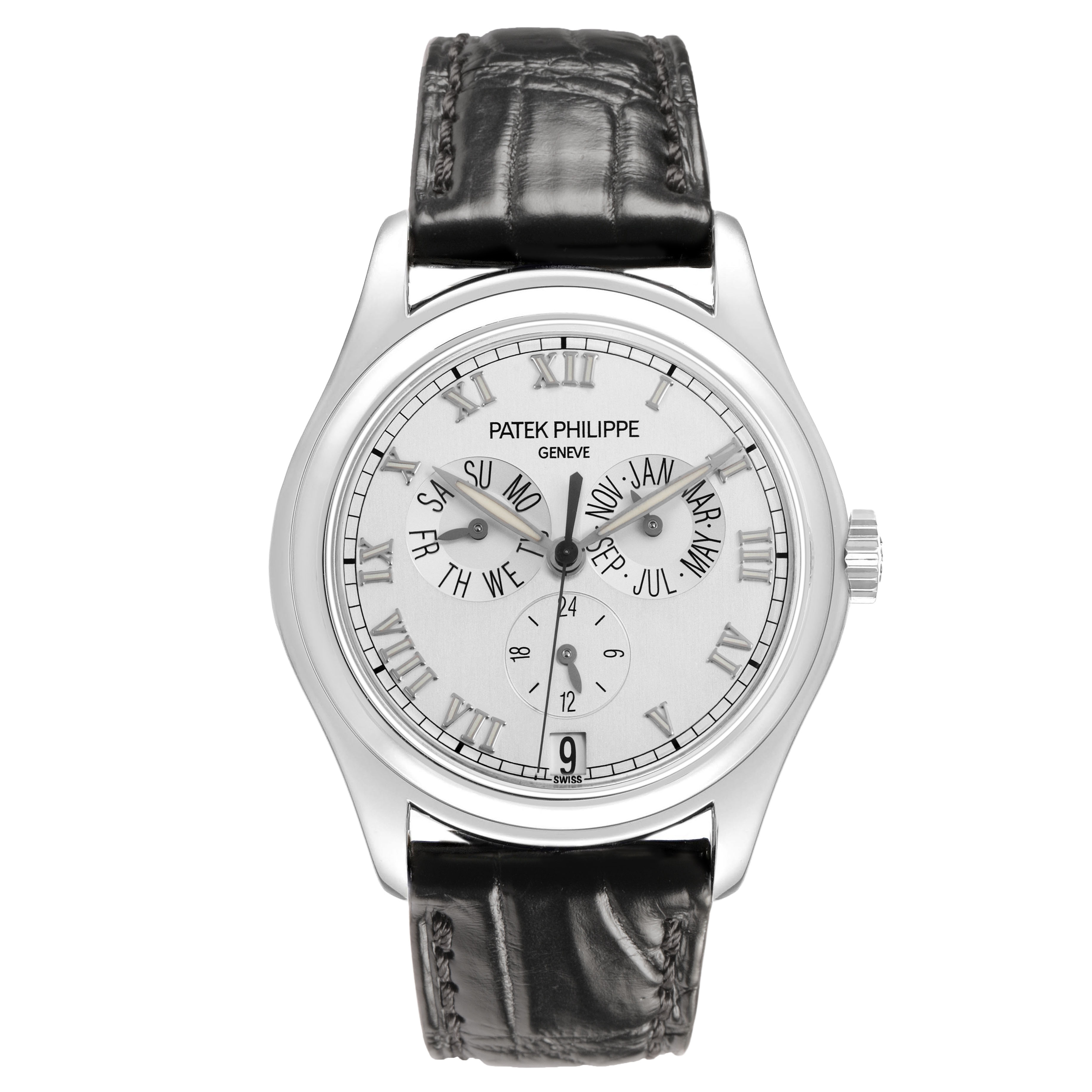 The Patek Philippe Complications 5035G-039 Men's White Gold Silver Dial watch is shown from the front, displaying its dial, Roman numerals, and leather strap.
