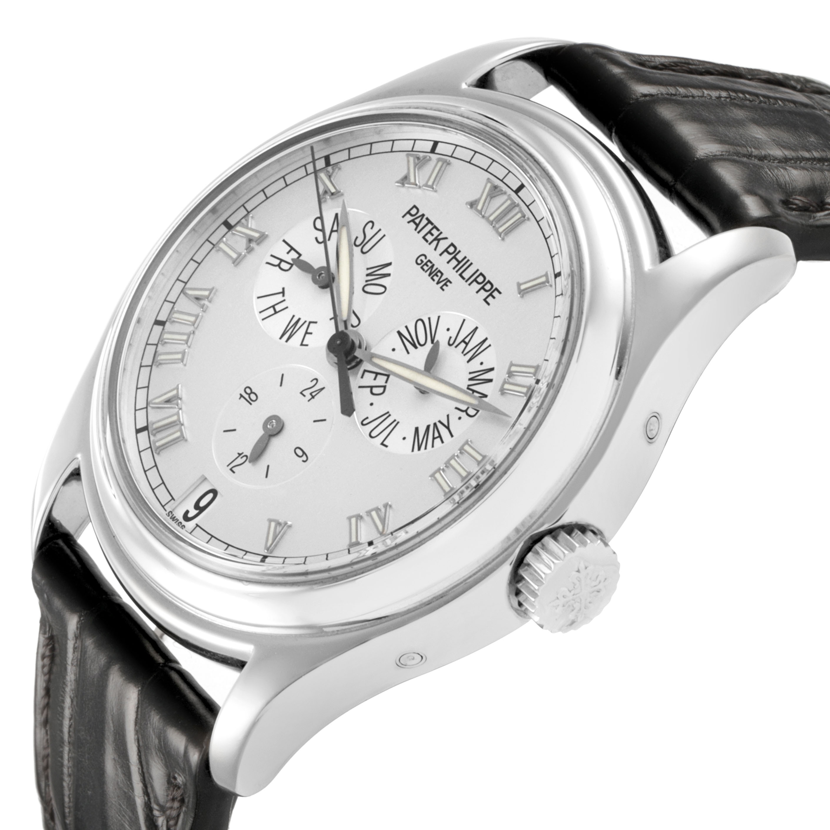The Patek Philippe Complications 5035G-039 Men's White Gold Silver Dial watch is shown from a side angle, highlighting the dial, case, crown, and leather strap.