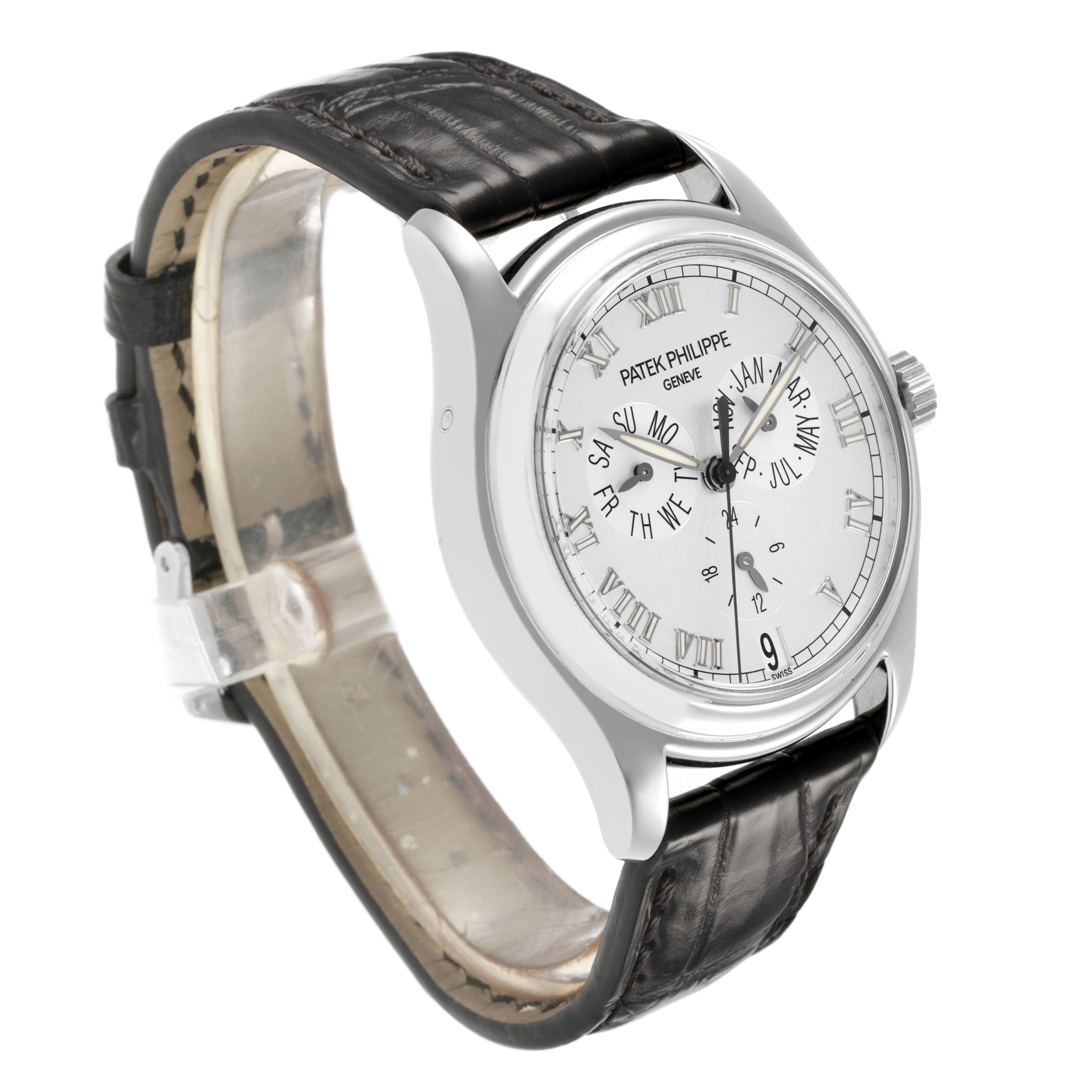 The Patek Philippe Complications 5035G-039 Men's White Gold Silver Dial watch is shown at a slight angle, displaying the face, crown, and part of the leather strap.