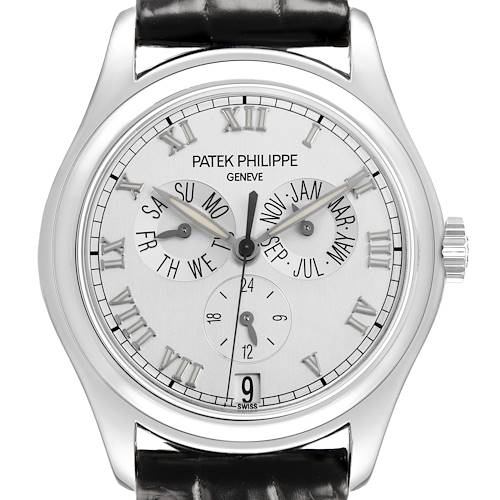 The Patek Philippe Complications 5035G-039 Men's White Gold Silver Dial watch is shown from the front, displaying its face, subdials, and Roman numeral hour markers.