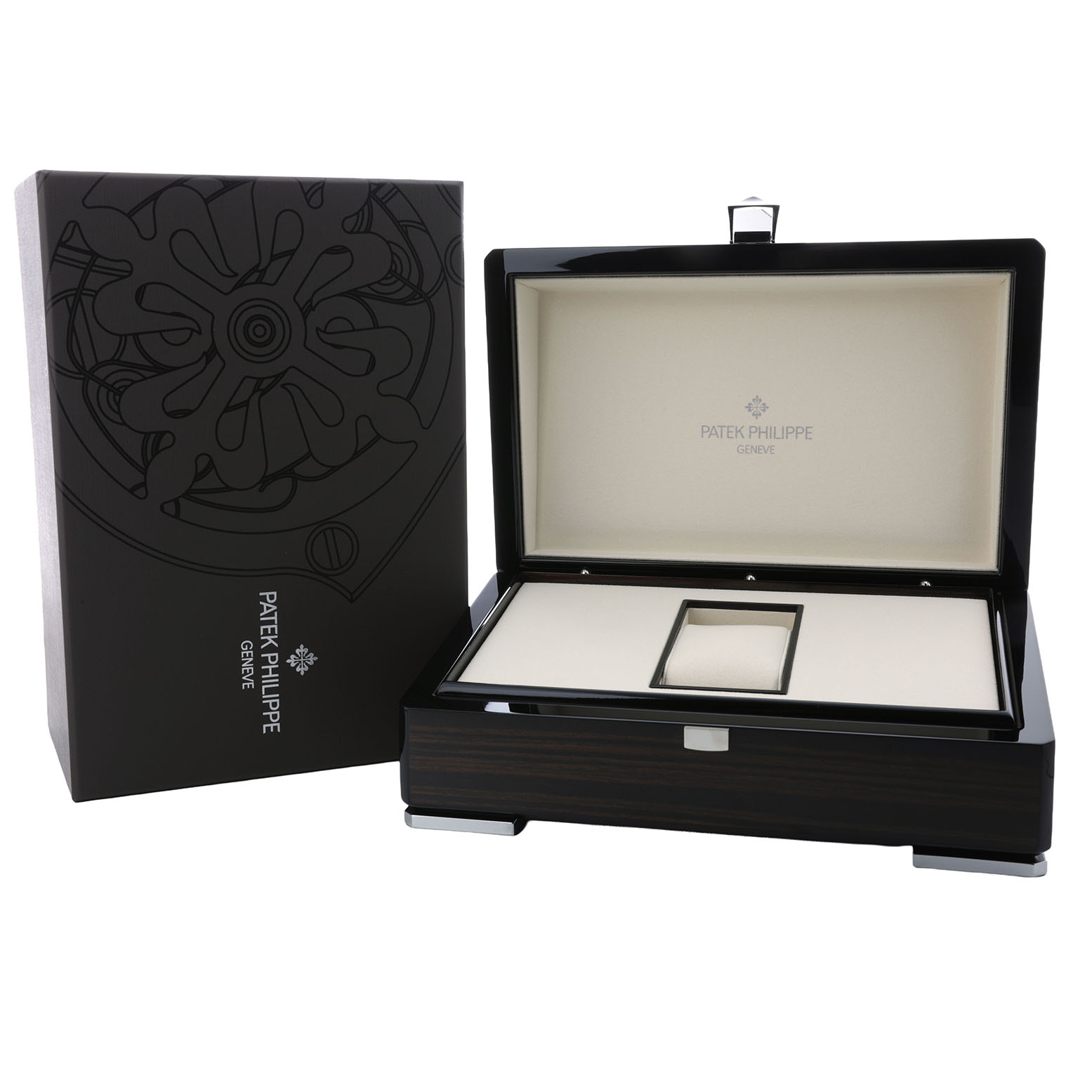The image shows the open luxury case and box of a Patek Philippe Complications 5035G-039 Men's White Gold Silver Dial watch.