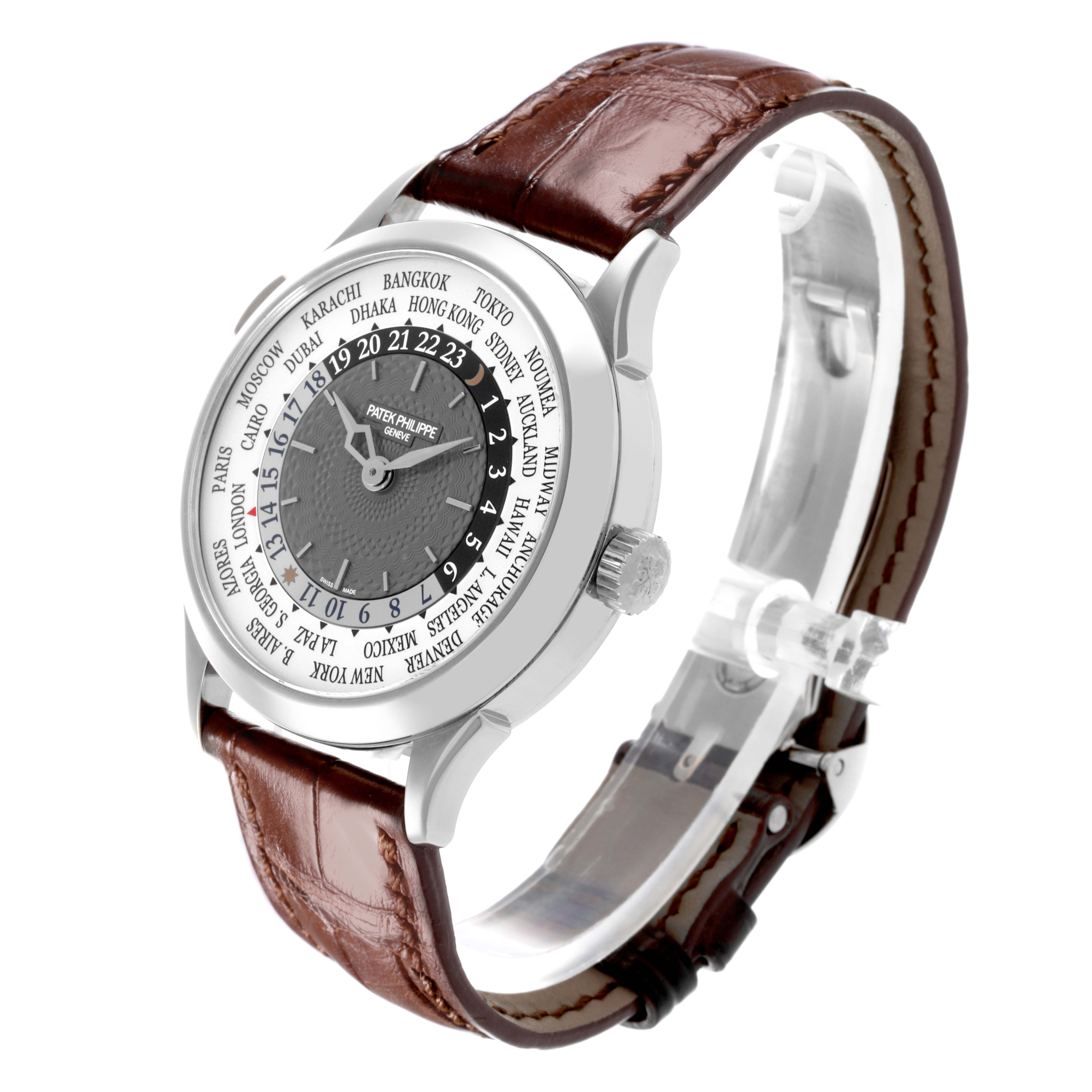 The Patek Philippe Complications 5230G-001 Men's White Gold Silver Dial 5230G-001 Men's White Gold Silver Dial watch is shown at an angled view, highlighting the face, bezel, and leather strap.