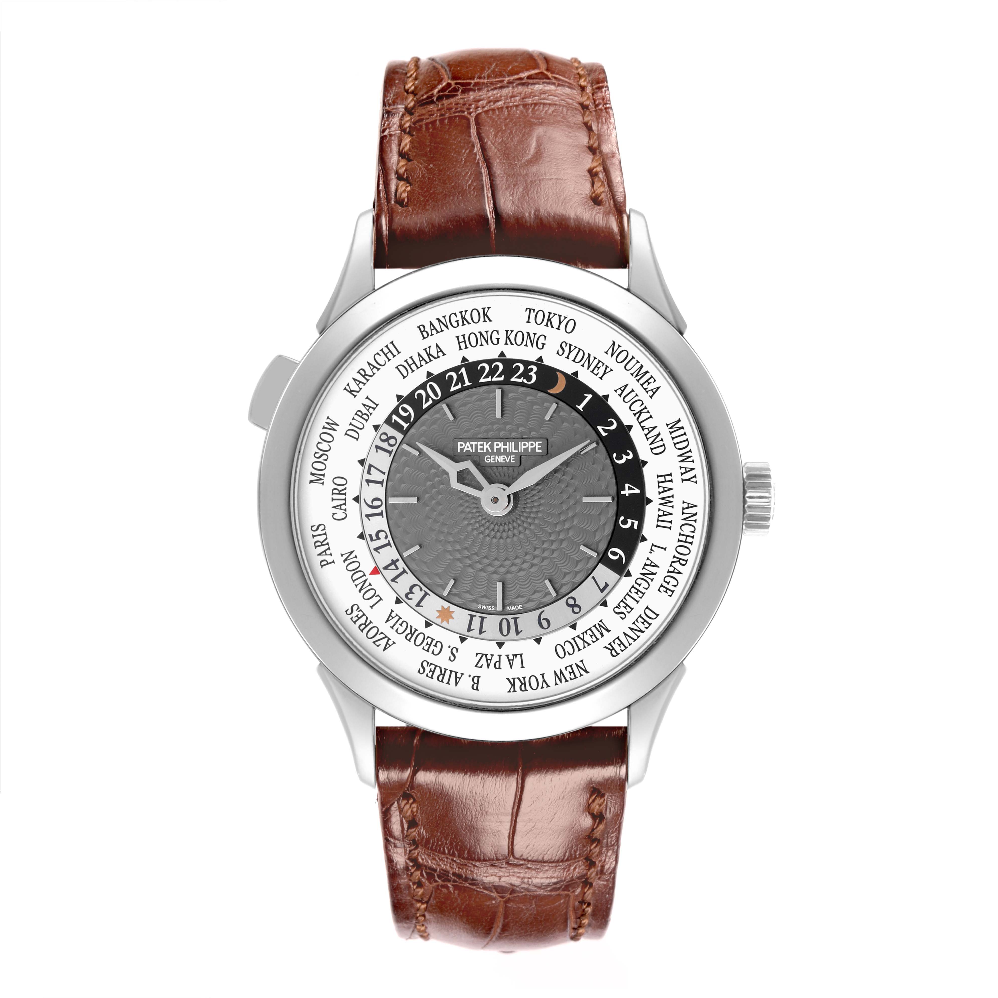The Patek Philippe Complications 5230G-001 Men's White Gold Silver Dial 5230G-001 Men's White Gold Silver Dial watch is shown from a front angle, displaying the dial and leather strap.