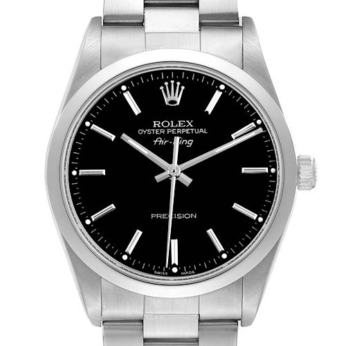 The Rolex Air-King 14000 Men's Stainless Steel Black Dial watch is shown from a front angle, displaying its dial, case, and part of the bracelet.