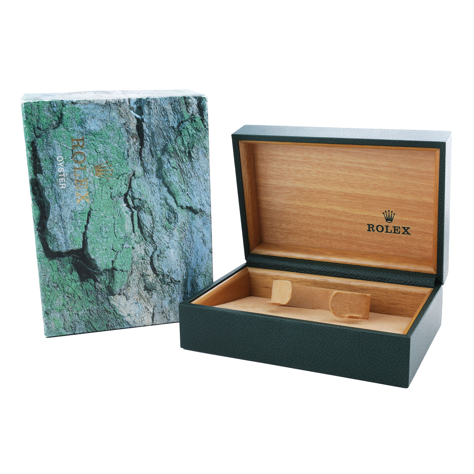 The image shows a Rolex Air-King 14000 Men's Stainless Steel Silver Dial watch box and outer packaging at an angled view, highlighting the open interior.
