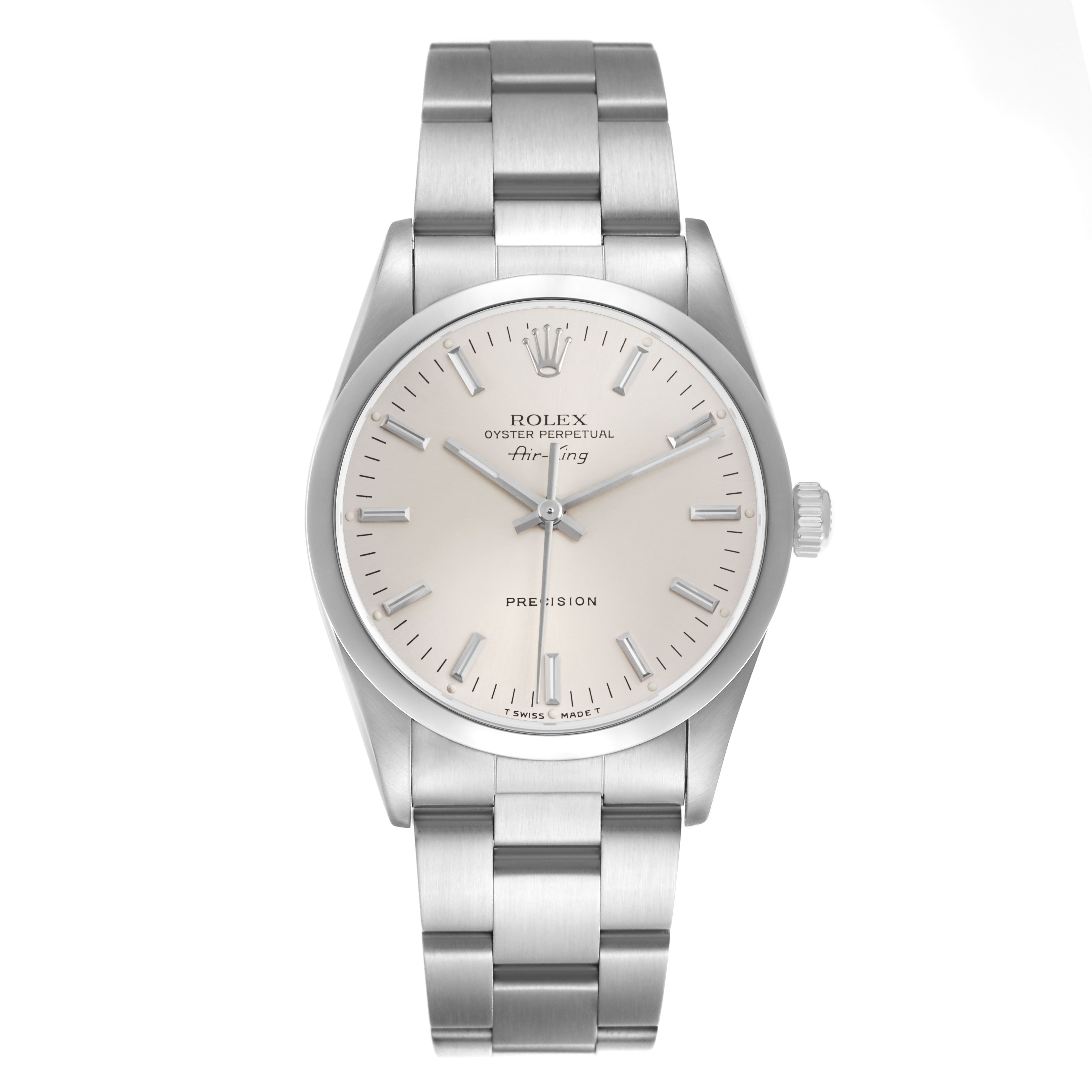 The Rolex Air-King 14000 Men's Stainless Steel Silver Dial watch is shown from a front view, highlighting the dial, hands, indices, case, bracelet, and crown.