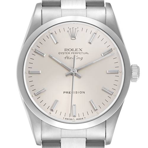 The Rolex Air-King 14000 Men's Stainless Steel Silver Dial watch is shown from a top-down angle, displaying its face, bezel, and bracelet.