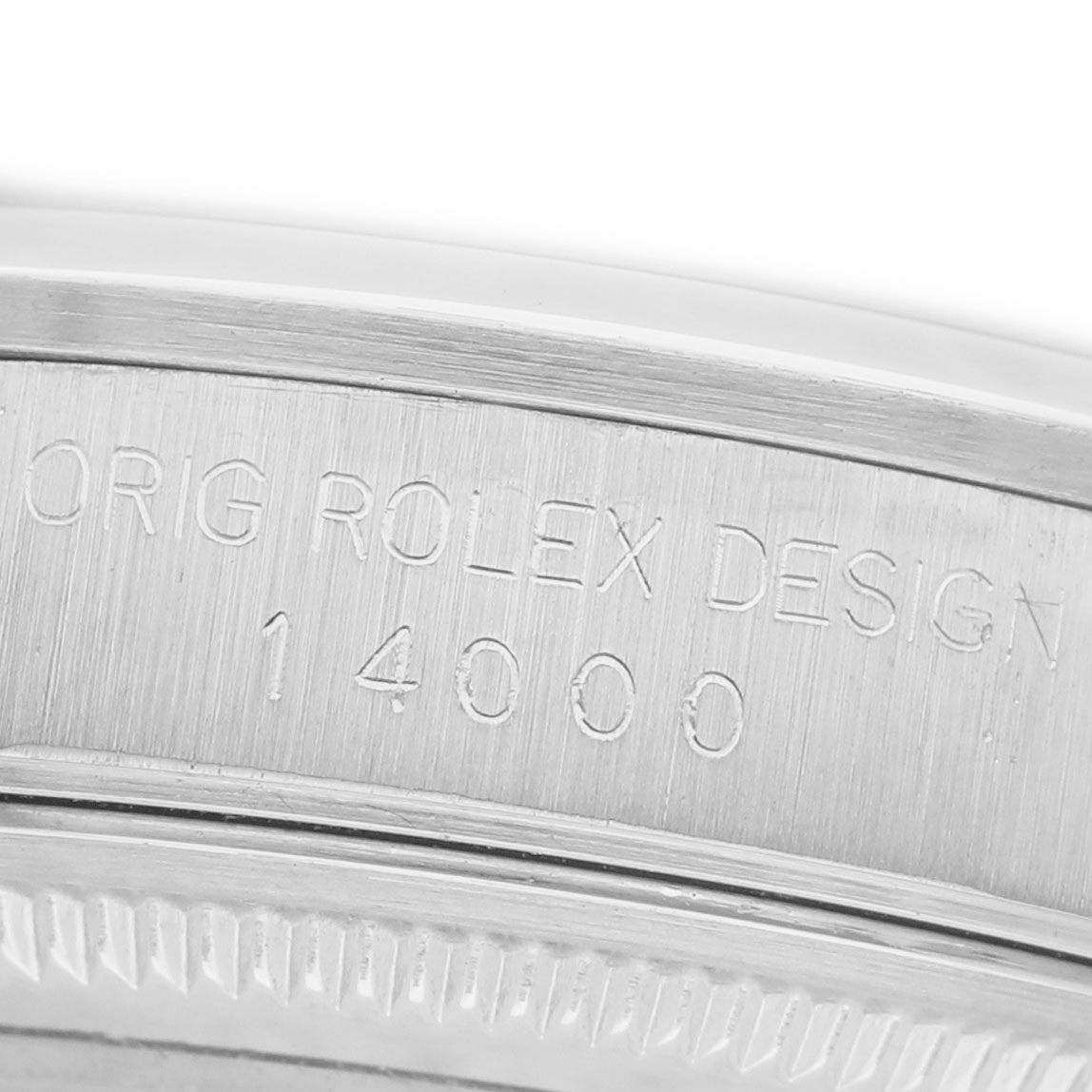 The image shows the side of the Rolex Air-King 14000 Men's Stainless Steel Silver Dial watch, focusing on the engraved model number "14000."