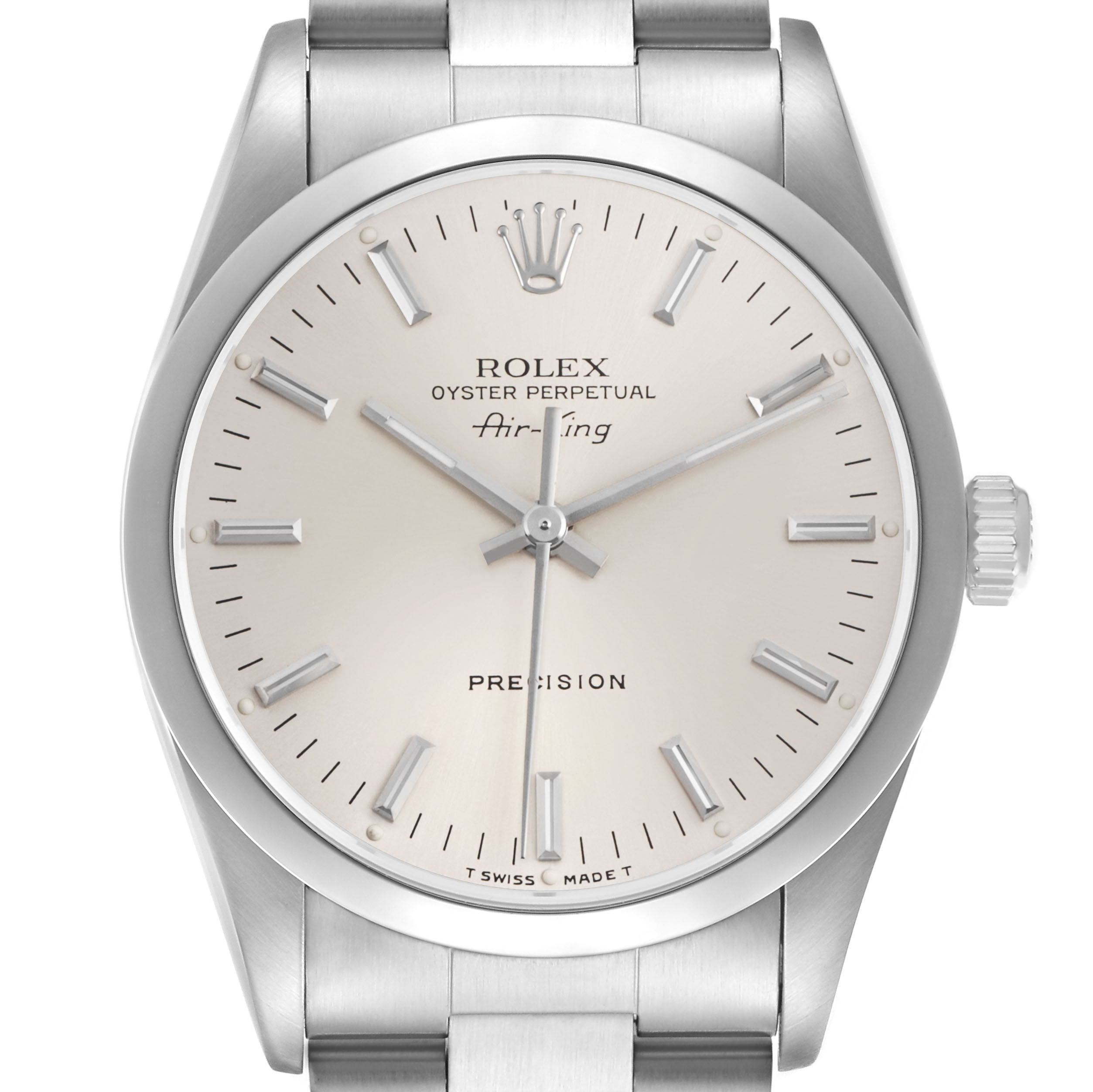The Rolex Air-King 14000 Men's Stainless Steel Silver Dial watch is shown from a front angle, highlighting the dial, case, crown, and part of the bracelet.