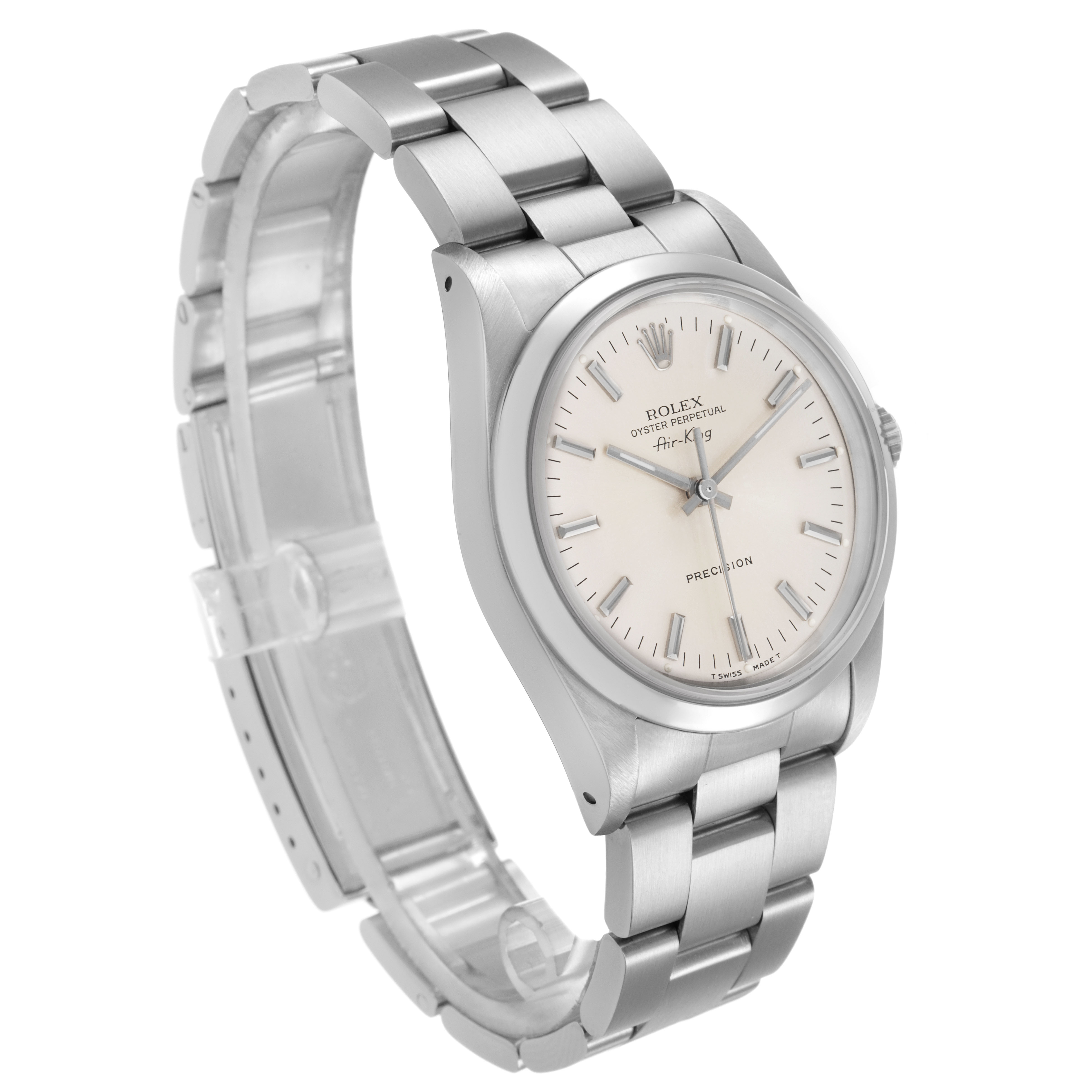 The Rolex Air-King 14000 Men's Stainless Steel Silver Dial watch is shown at a three-quarter angle, highlighting the face, case, and bracelet.