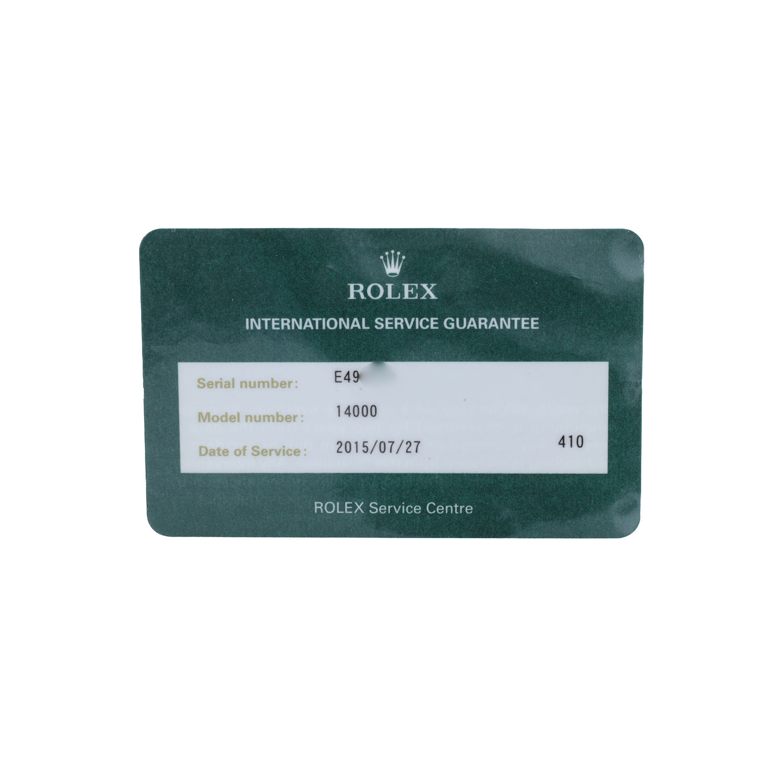 This image shows a Rolex Air-King 14000 Men's Stainless Steel Silver Dial International Service Guarantee card with serial and model numbers.