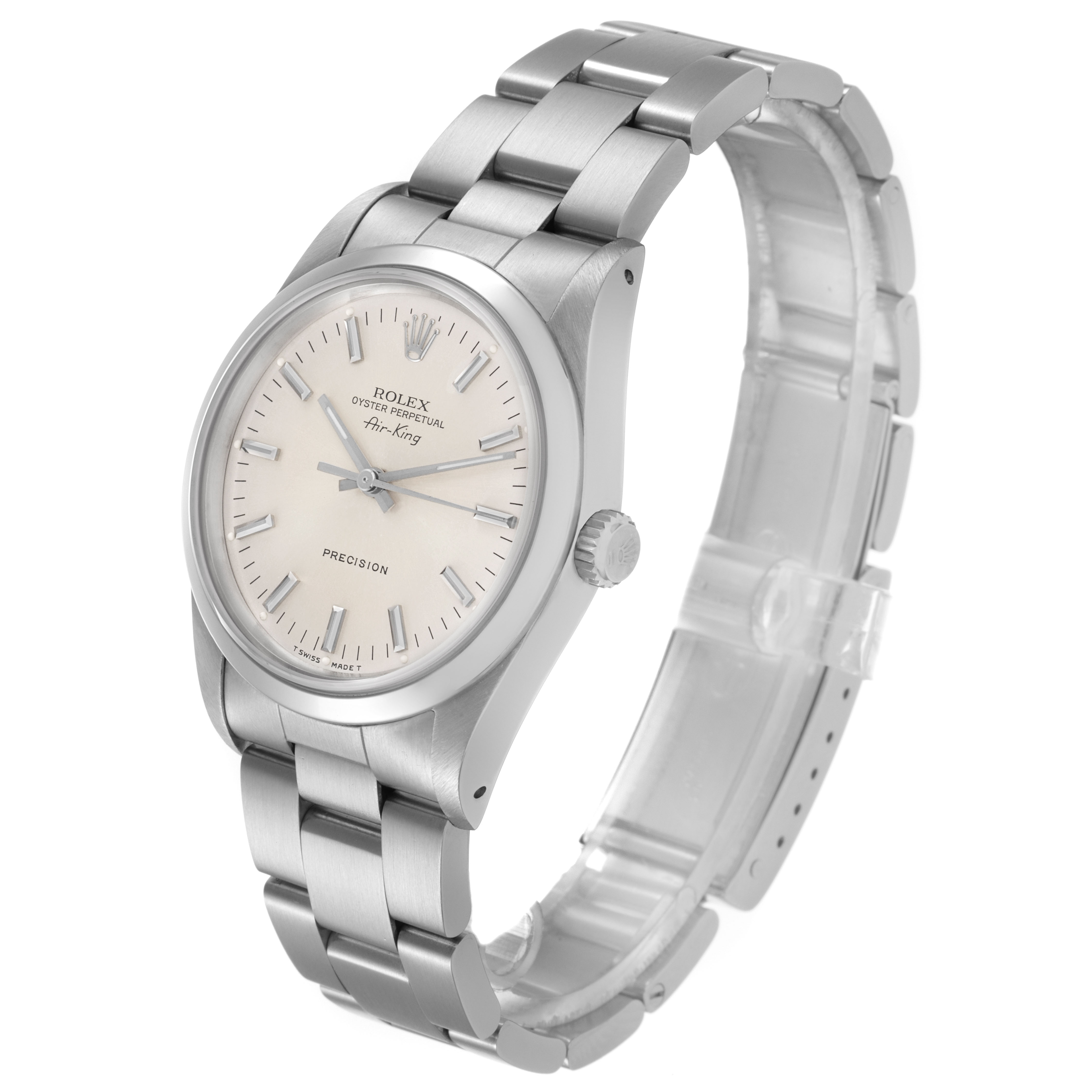 The Rolex Air-King 14000 Men's Stainless Steel Silver Dial watch is shown at a slight angle, displaying its face, bezel, crown, and bracelet.