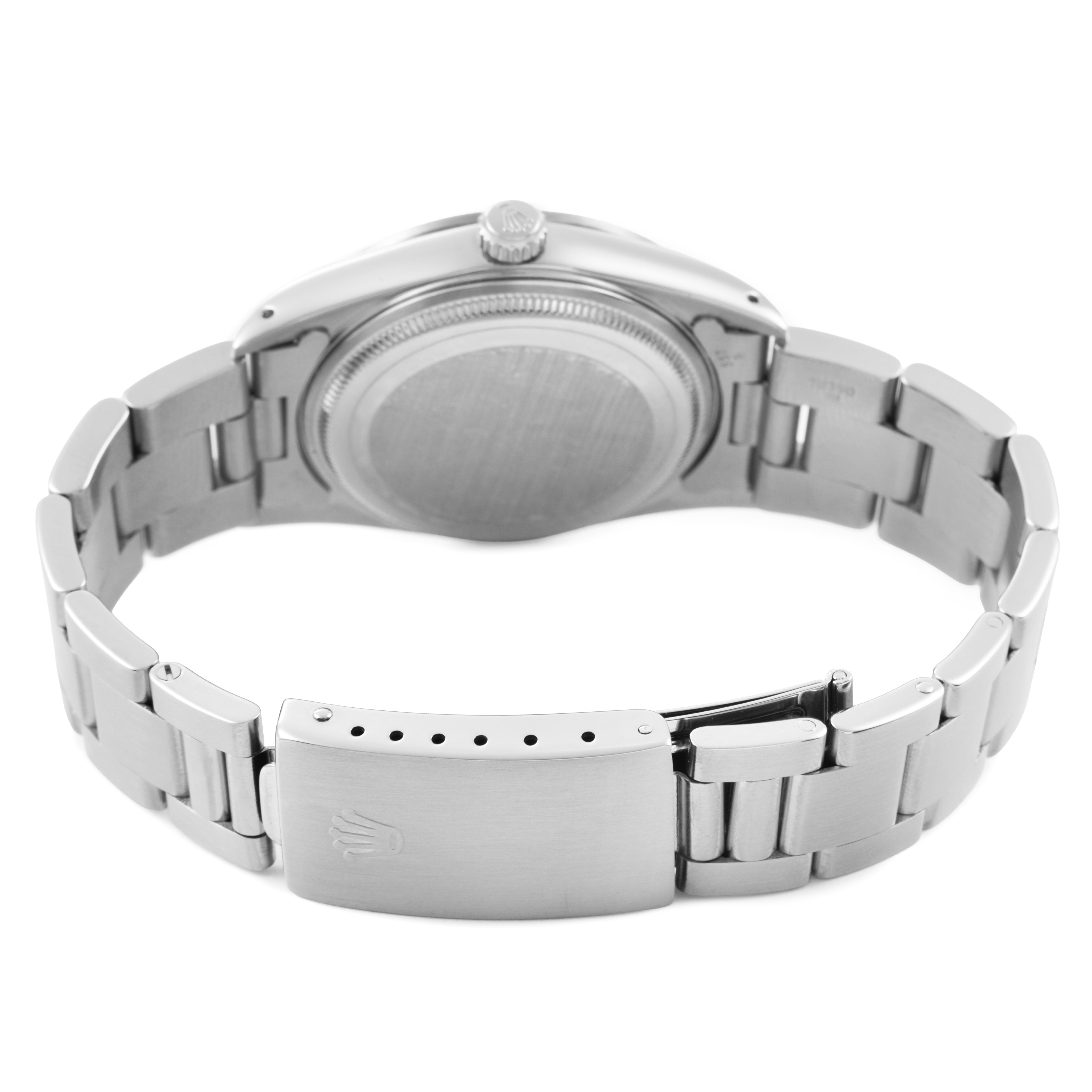 The Rolex Air-King 14000 Men's Stainless Steel Silver Dial watch is shown from the back, displaying the case back and bracelet clasp.