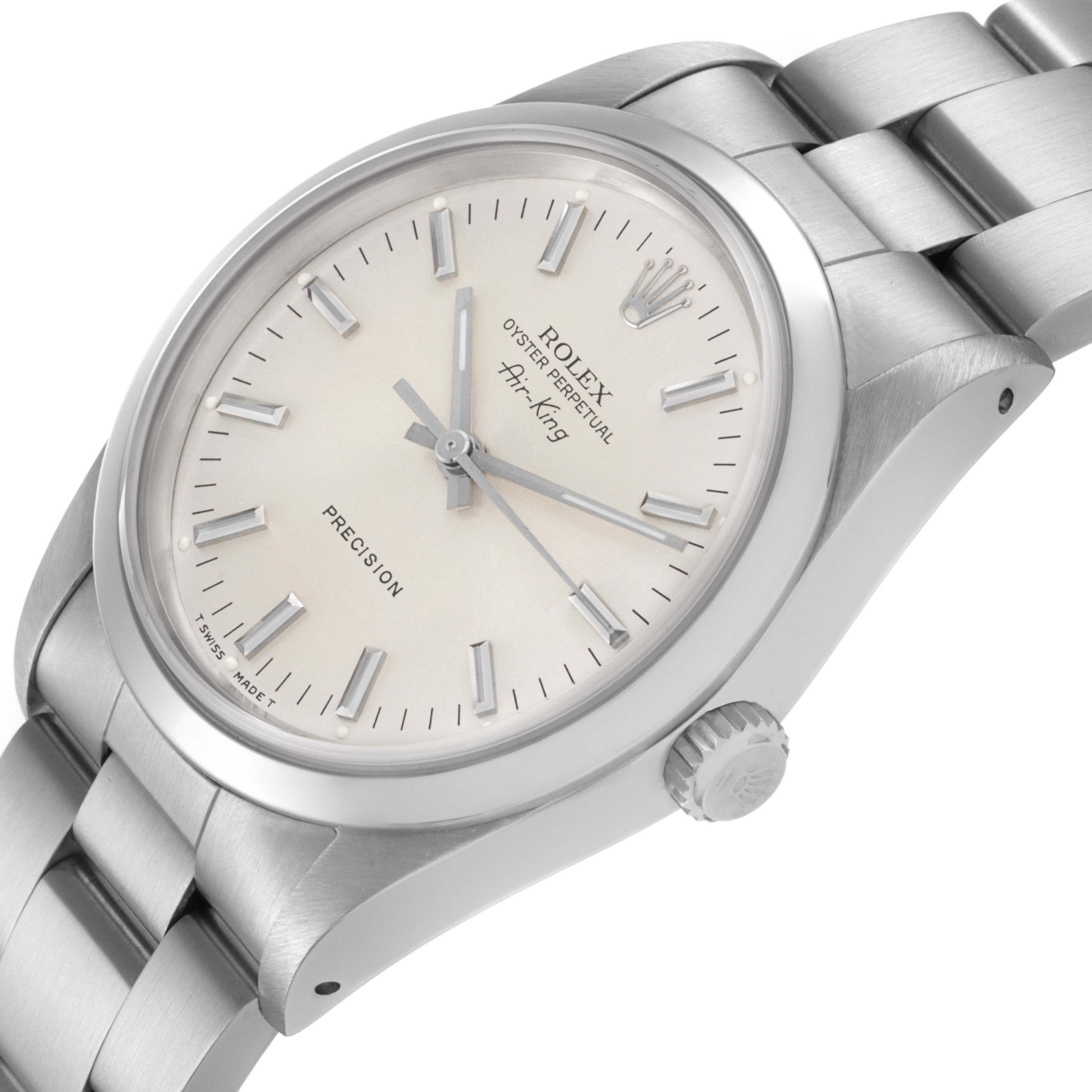The Rolex Air-King 14000 Men's Stainless Steel Silver Dial watch is shown at an angled close-up, highlighting the face, crown, and bracelet links.