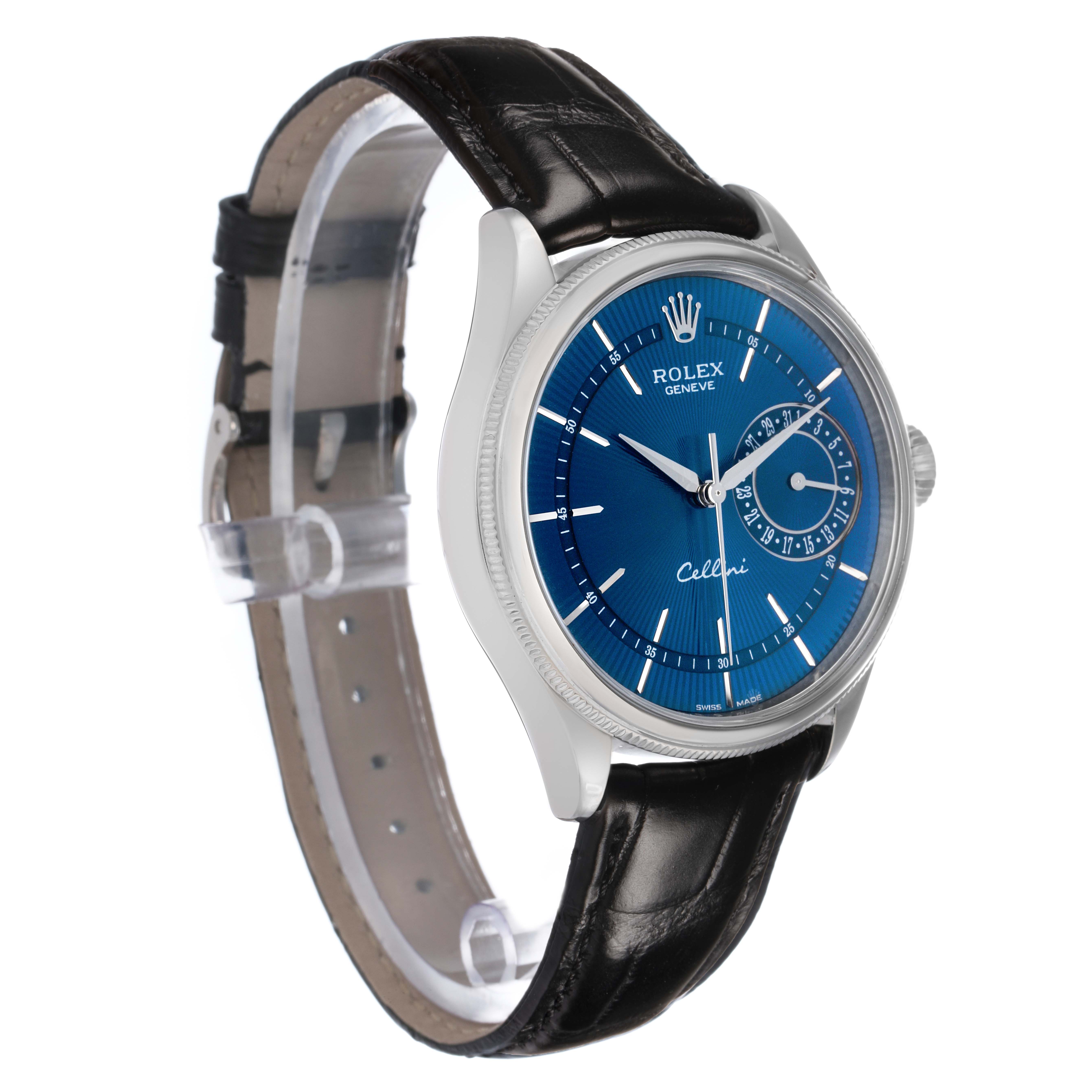 The Rolex Cellini 50519 Men's White Gold Blue Dial watch is shown at a slight side angle, highlighting the blue dial, case, leather strap, and crown.