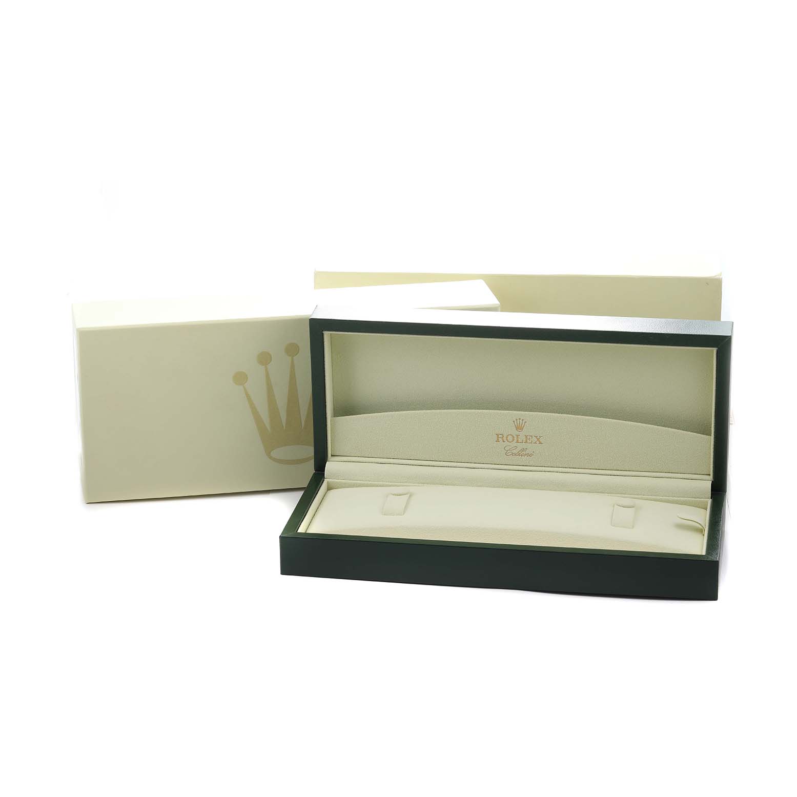 The image shows an open Rolex Cellini 50519 Men's White Gold Blue Dial watch box from a front angle, displaying its interior and the outer packaging.