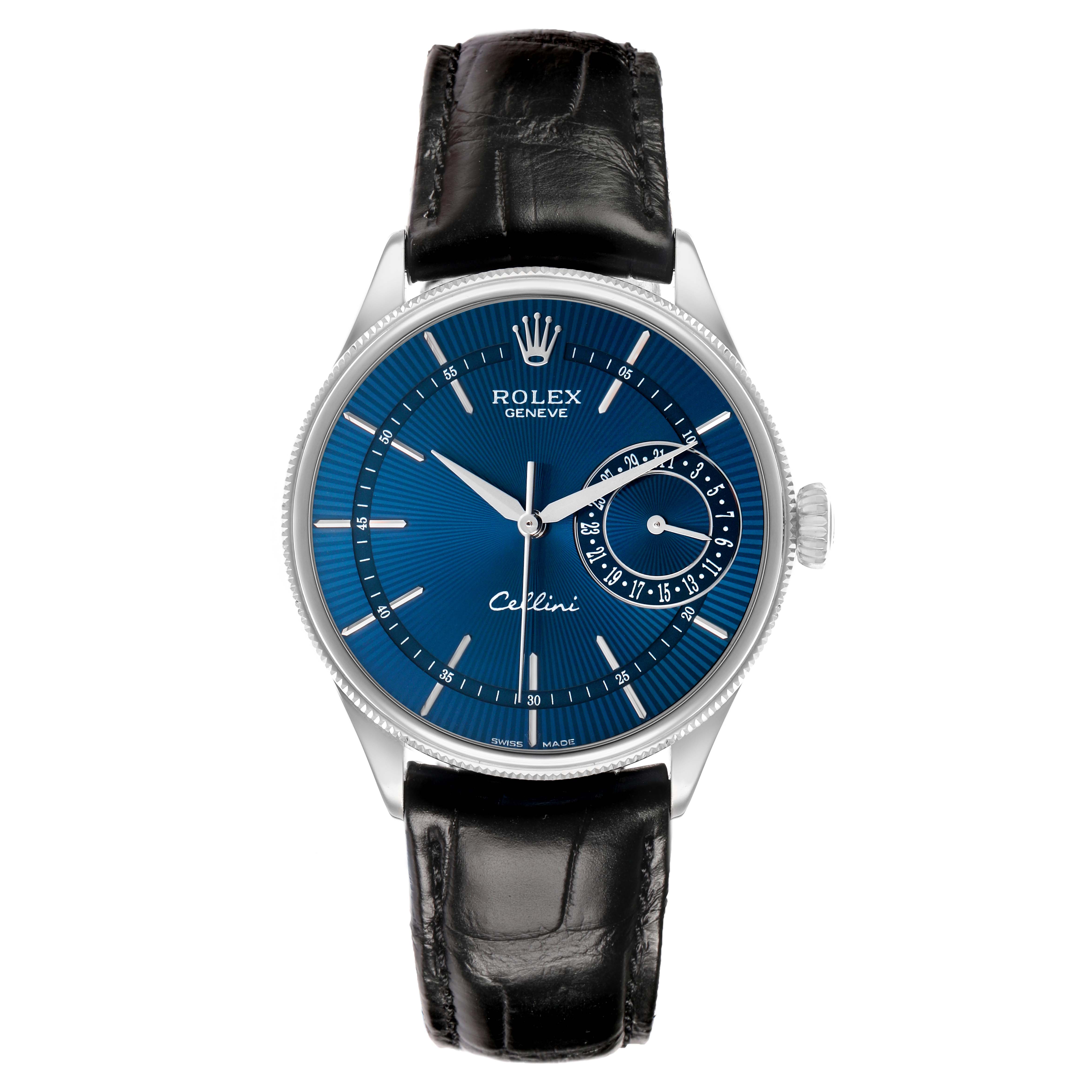 The Rolex Cellini 50519 Men's White Gold Blue Dial watch is shown from a front view, displaying the dial, case, band, and crown.