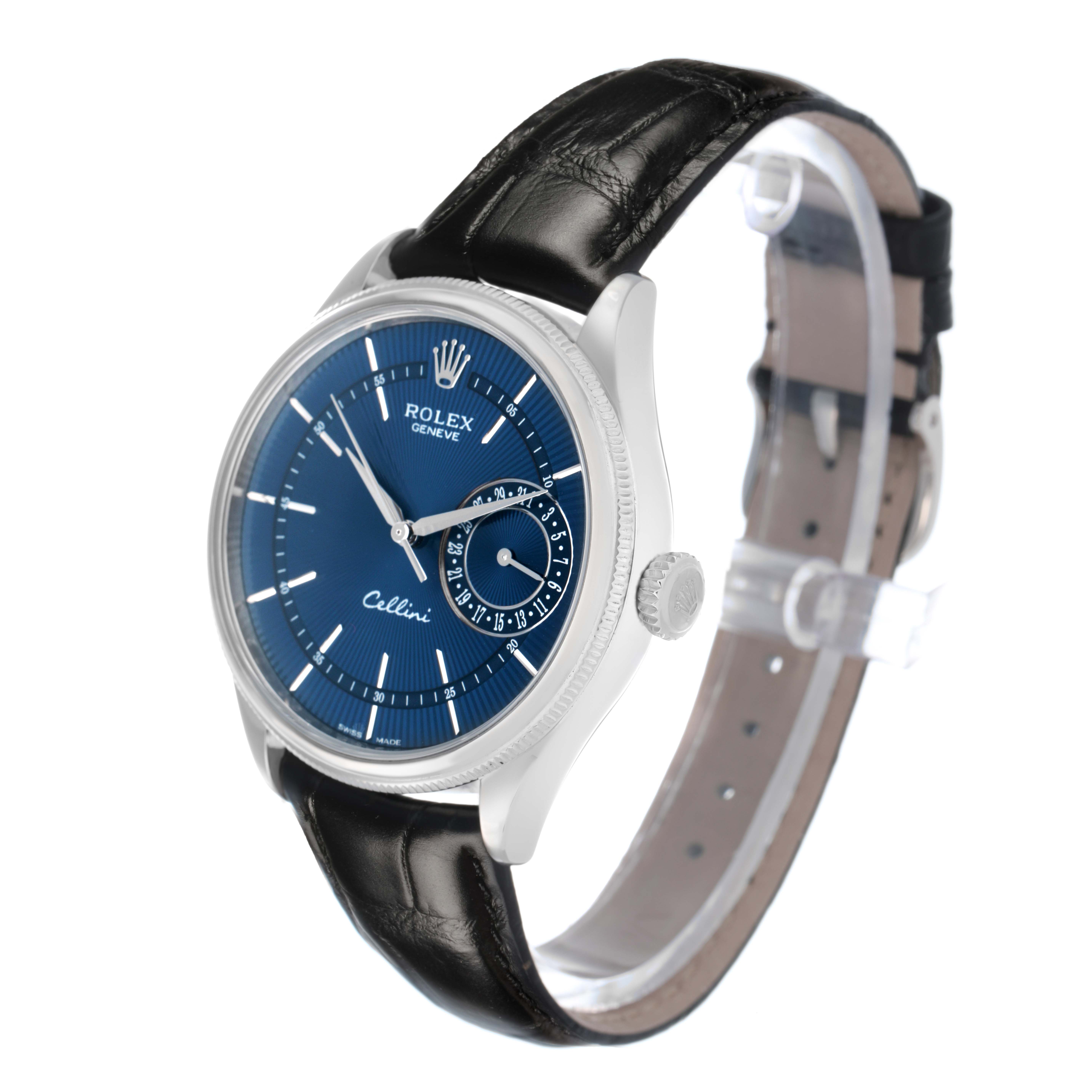 The Rolex Cellini 50519 Men's White Gold Blue Dial watch is shown at a slight angle, highlighting the blue dial, date subdial, and black leather strap.