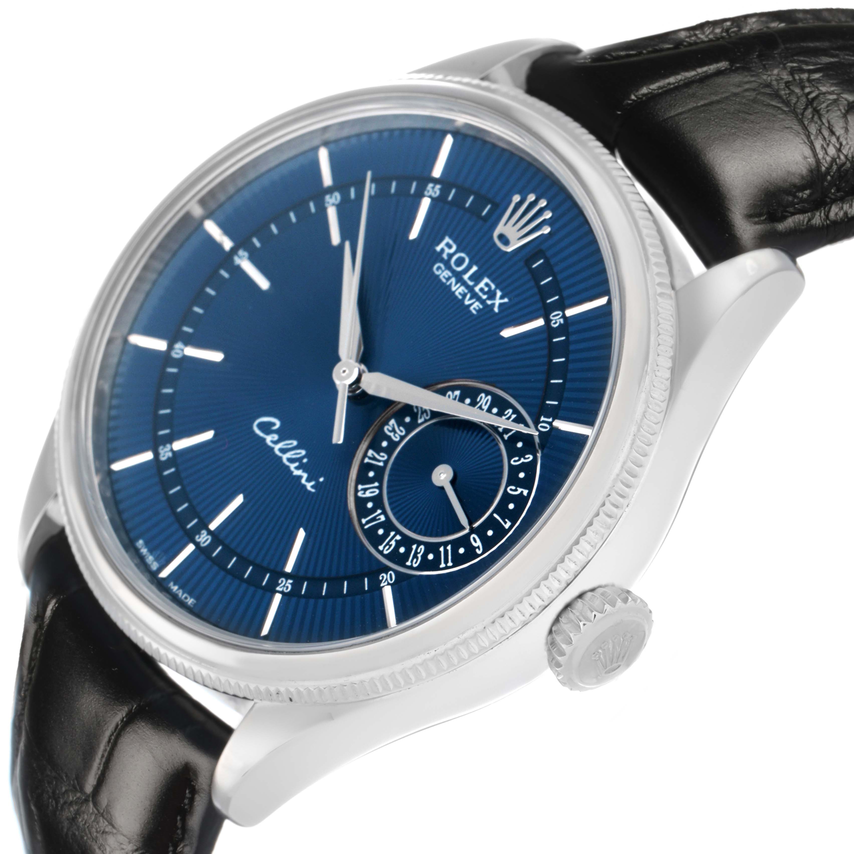 The Rolex Cellini 50519 Men's White Gold Blue Dial watch is shown at an angled side view, highlighting the blue dial, crown, and leather strap.