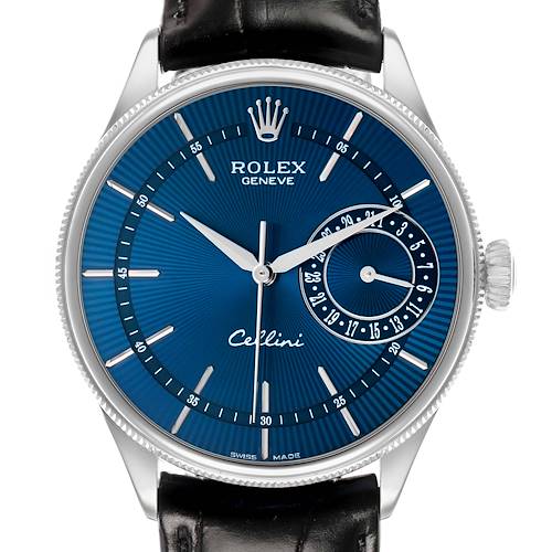 The Rolex Cellini 50519 Men's White Gold Blue Dial watch is shown from the front, displaying its blue dial, hour markers, hands, and leather strap.