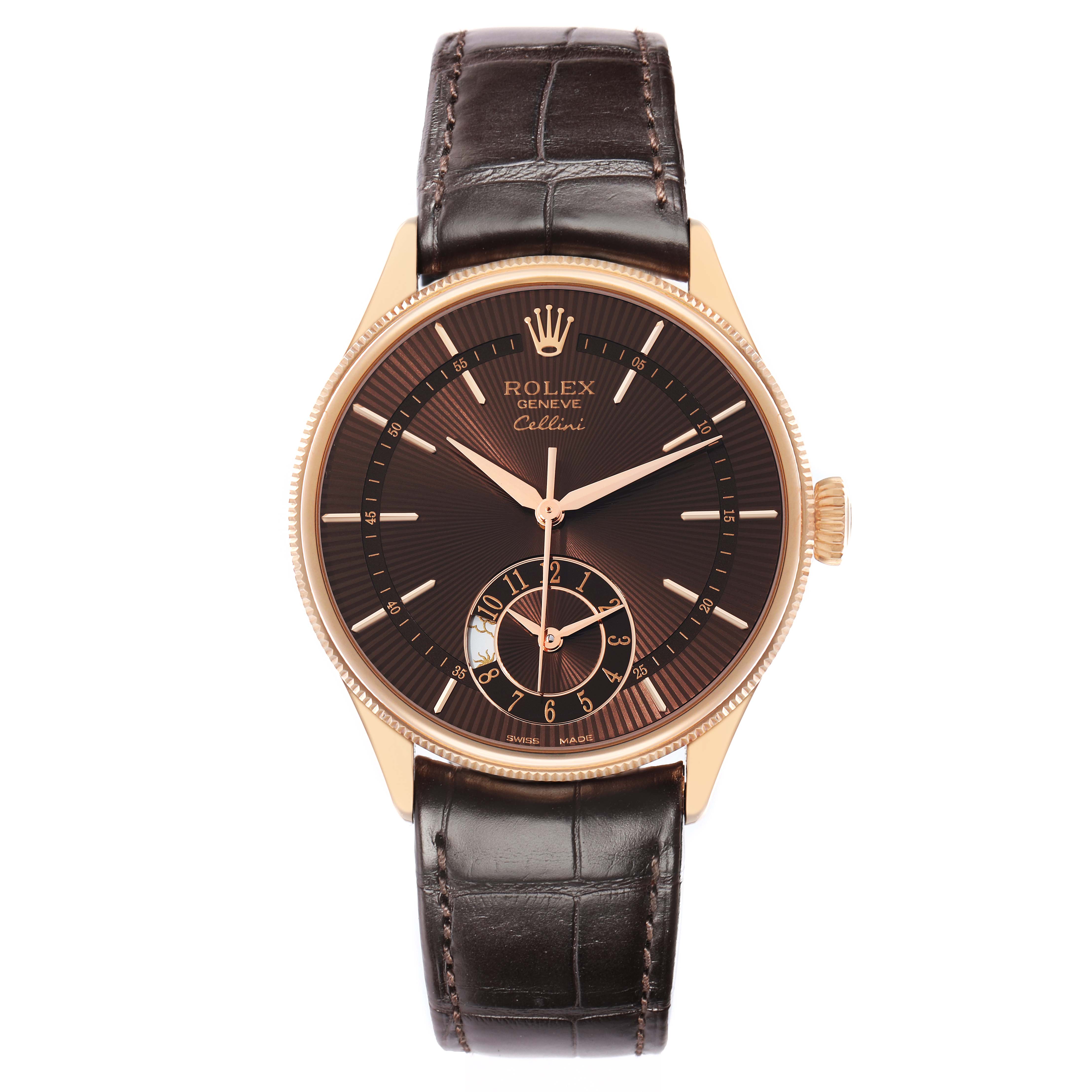The Rolex Cellini 50525 Men's Rose Gold Brown Dial watch is shown from a front angle, displaying the dial, case, and leather strap.