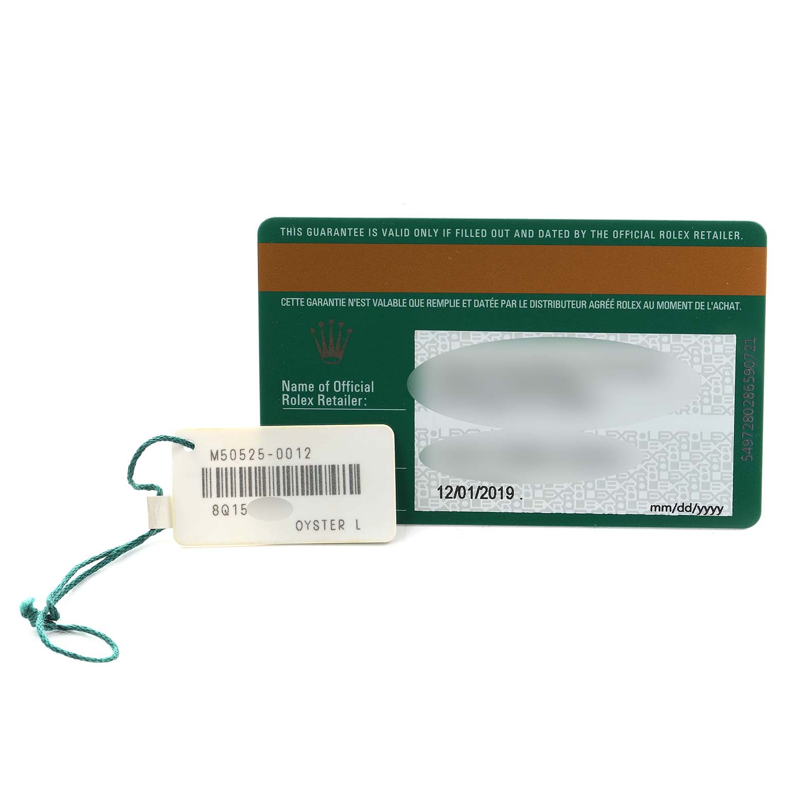 The image shows a Rolex Cellini 50525 Men's Rose Gold Brown Dial guarantee card and a tag with a barcode and model information.