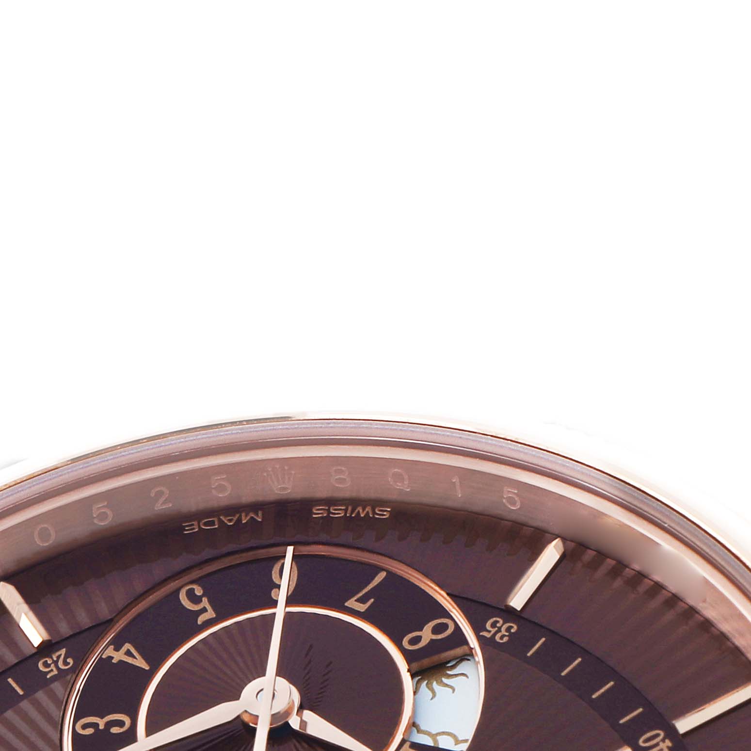 The image shows a close-up of the dial of a Rolex Cellini 50525 Men's Rose Gold Brown Dial watch, focusing on its numerals and part of the bezel.