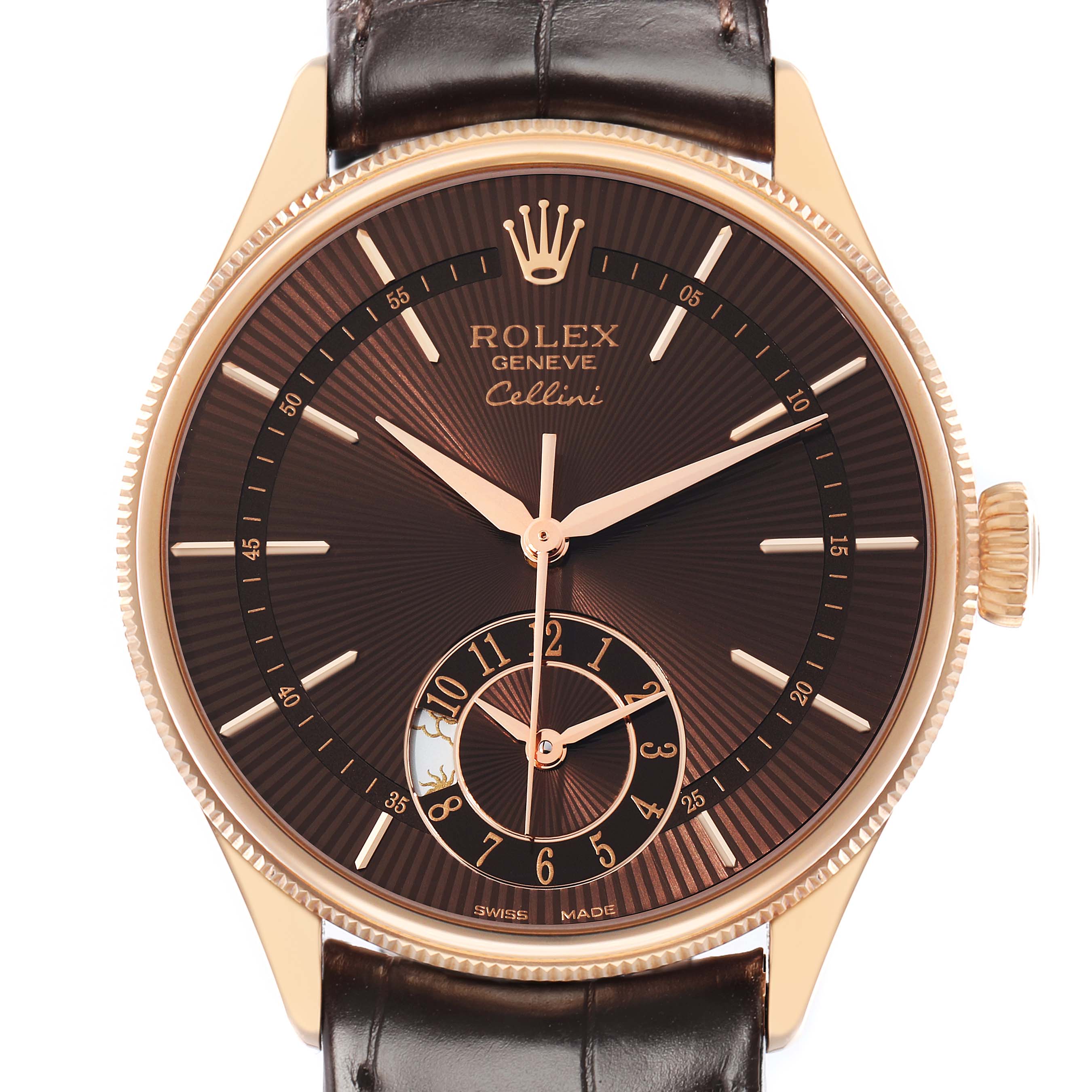 The image shows a front view of a Rolex Cellini 50525 Men's Rose Gold Brown Dial watch, highlighting its dial, crown, and leather strap.