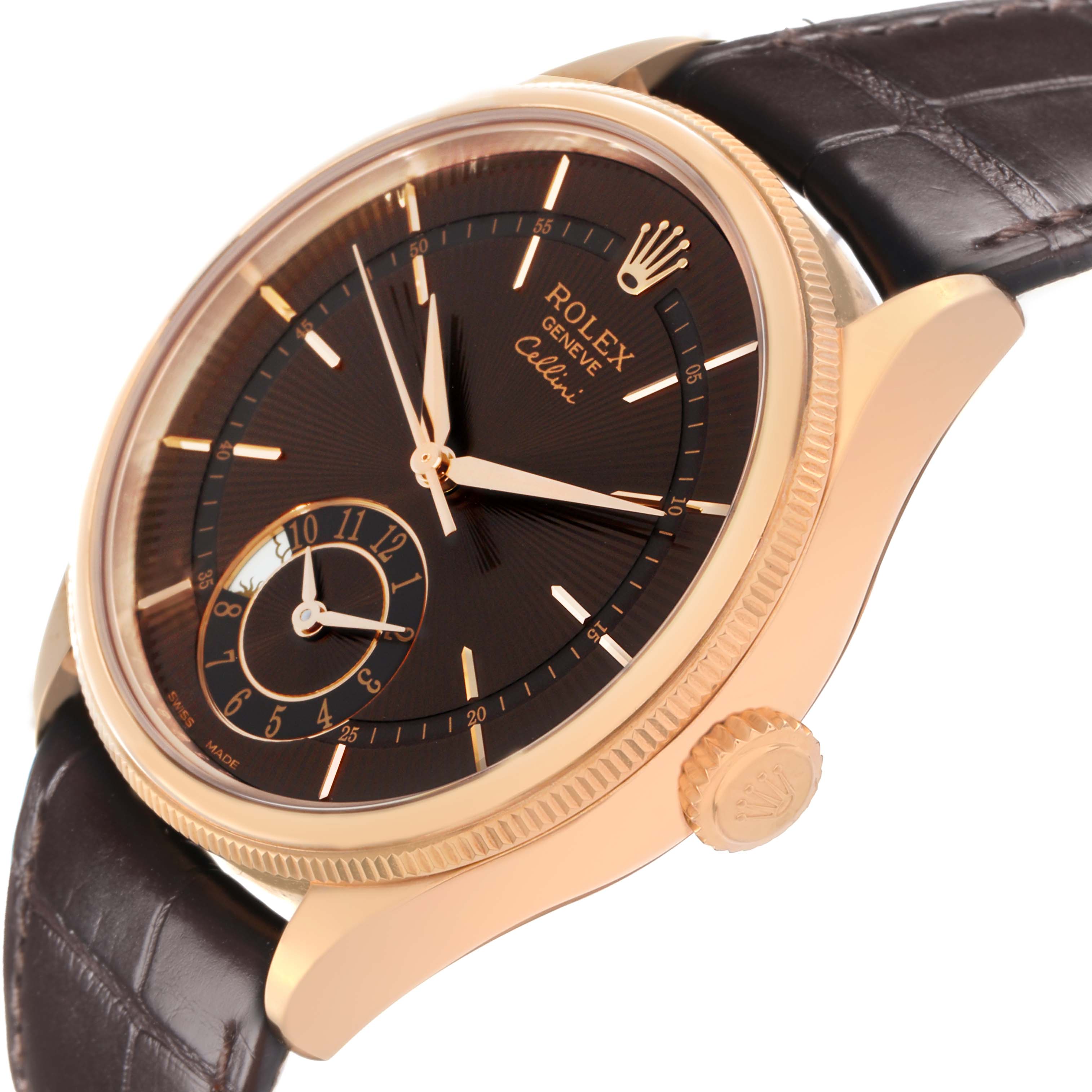 The Rolex Cellini 50525 Men's Rose Gold Brown Dial watch is shown at a slight angle, highlighting its dial, crown, and leather strap.