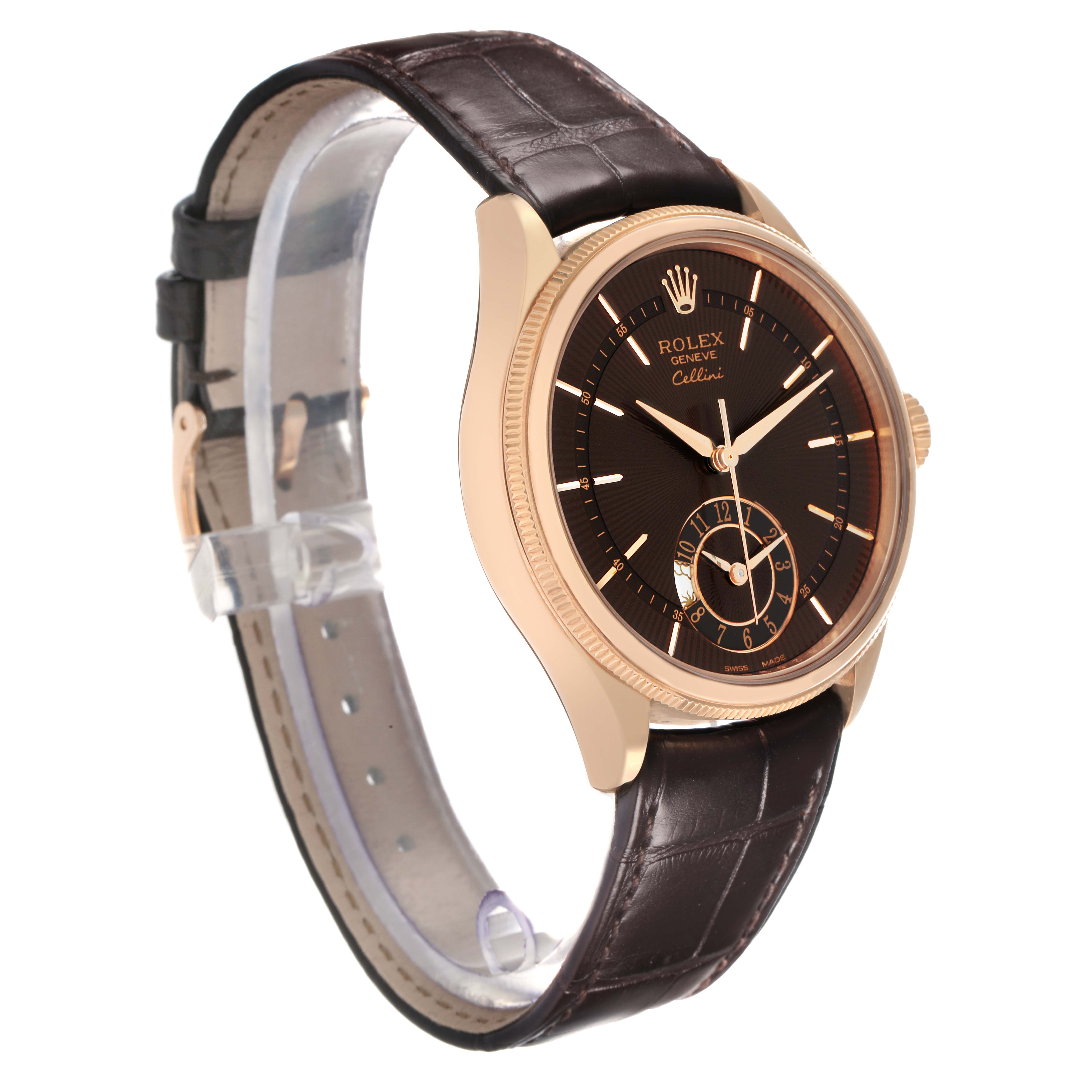 The Rolex Cellini 50525 Men's Rose Gold Brown Dial watch is shown at a slight angle, displaying the face, bezel, crown, and leather strap.