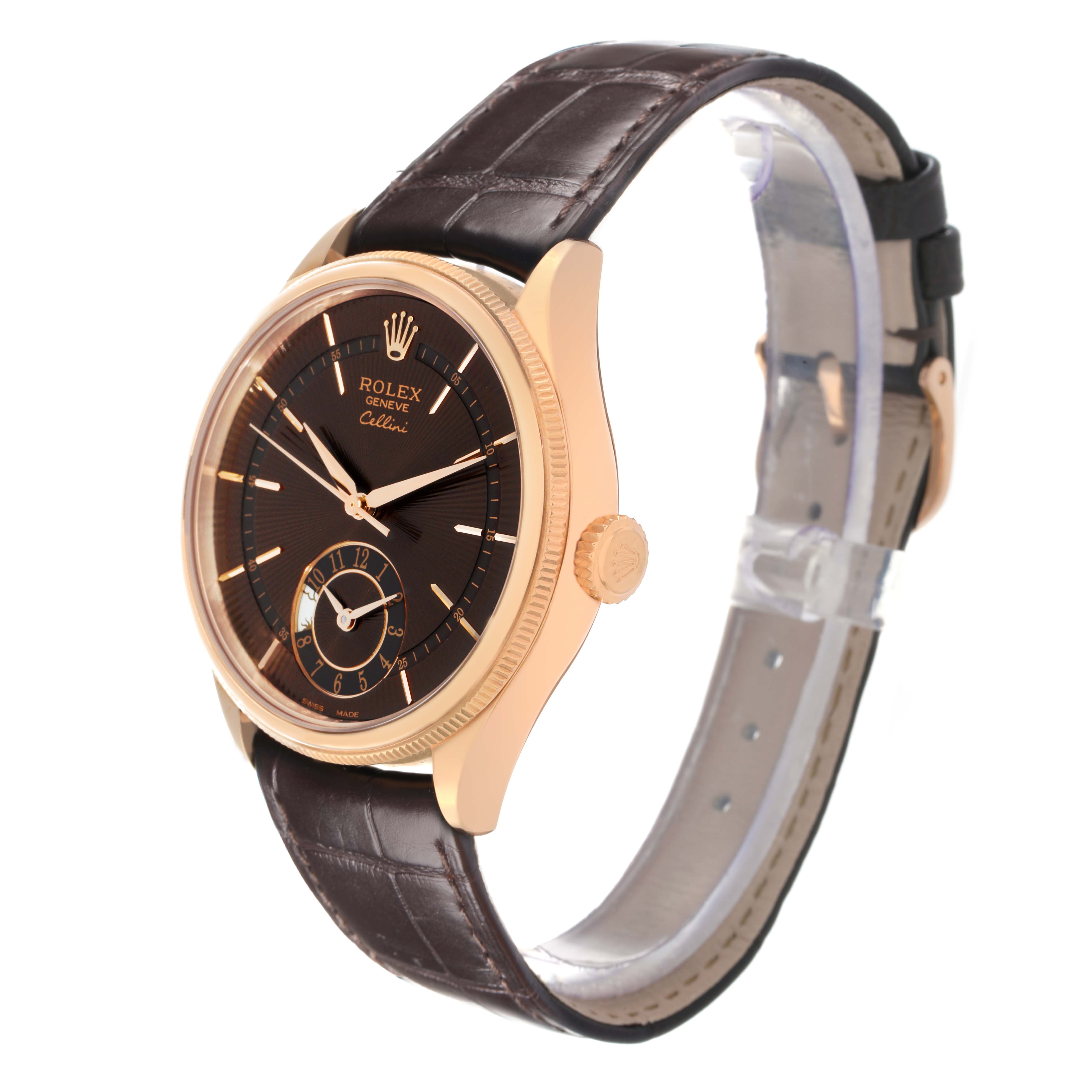 The Rolex Cellini 50525 Men's Rose Gold Brown Dial watch is shown at a three-quarter angle, displaying the face, bezel, crown, and leather strap.