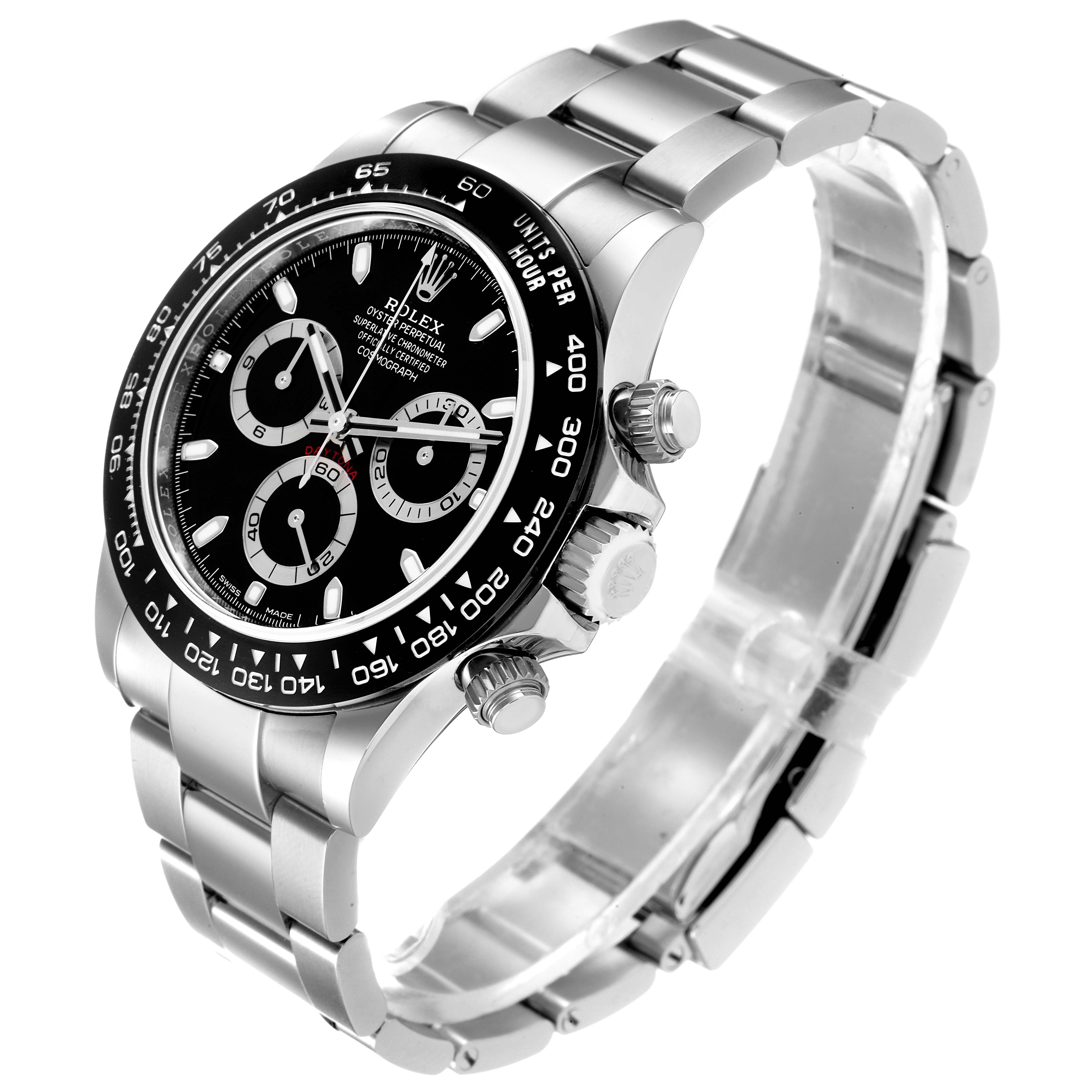 The image shows a side angle of a Rolex Daytona 116500 Men's Stainless Steel Black Dial 116500 Men's Stainless Steel Black Dial watch, highlighting the bracelet, case, three subdials, crown, and pushers.