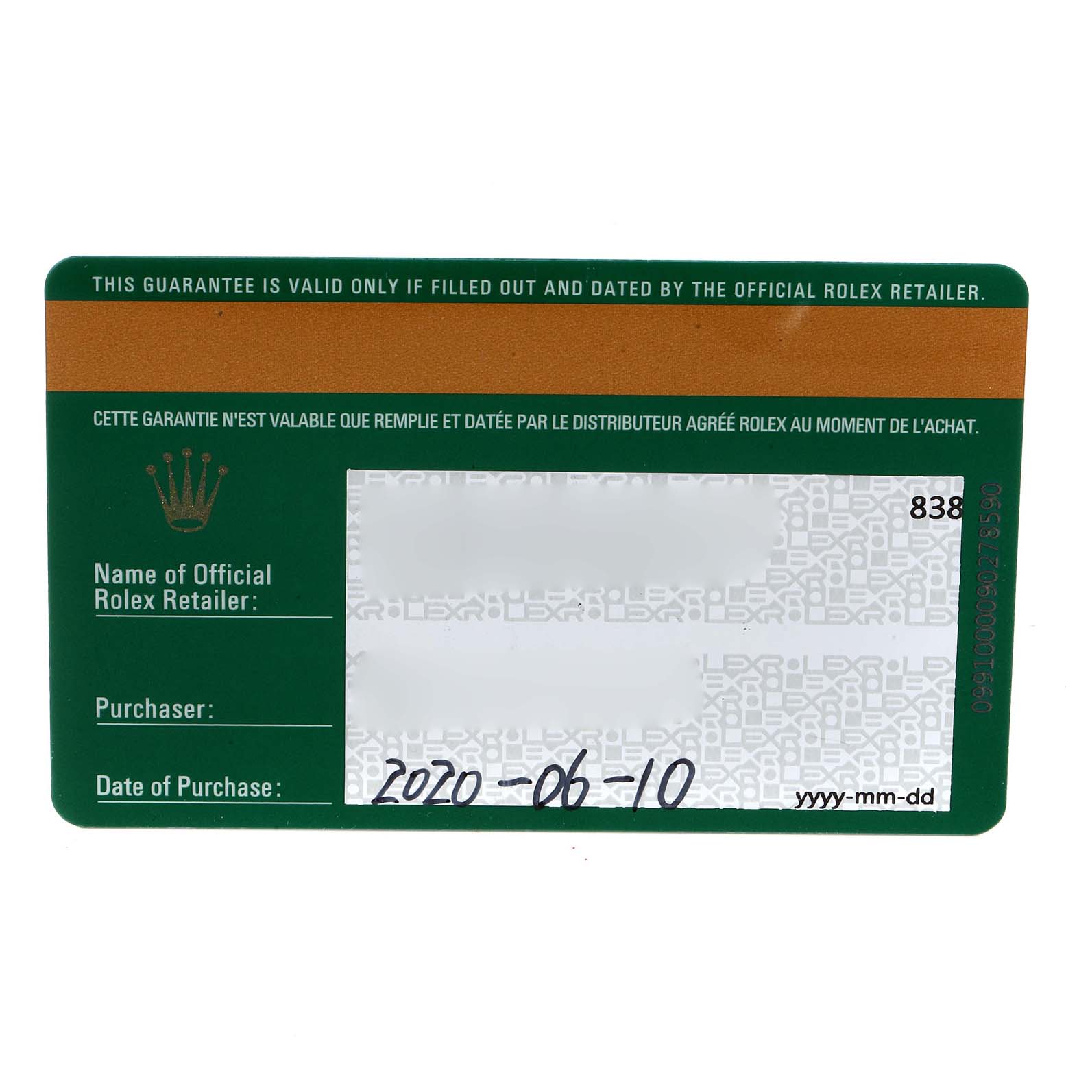 This image shows the guarantee card for a Rolex Daytona 116500 Men's Stainless Steel Black Dial 116500 Men's Stainless Steel Black Dial watch.