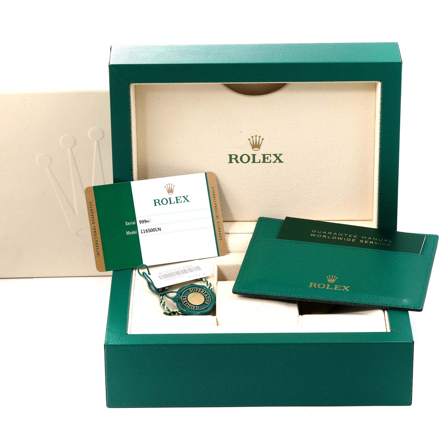 The image shows the Rolex Daytona 116500 Men's Stainless Steel Black Dial 116500 Men's Stainless Steel Black Dial model packaging, warranty card, hang tag, and guarantee manual.