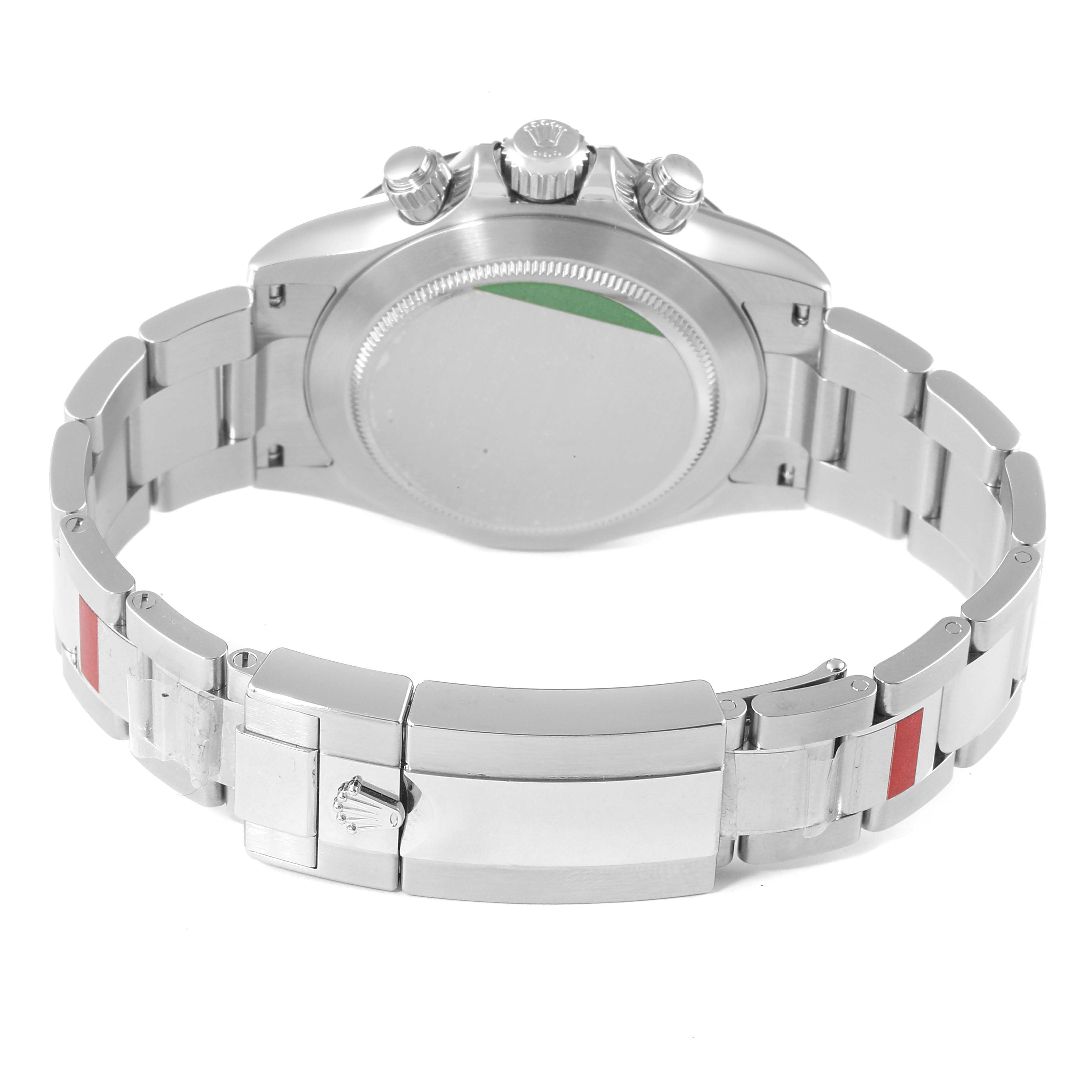 The Rolex Daytona 116500 Men's Stainless Steel Black Dial 116500 Men's Stainless Steel Black Dial watch is shown from the back, featuring the case back, bracelet, and clasp.