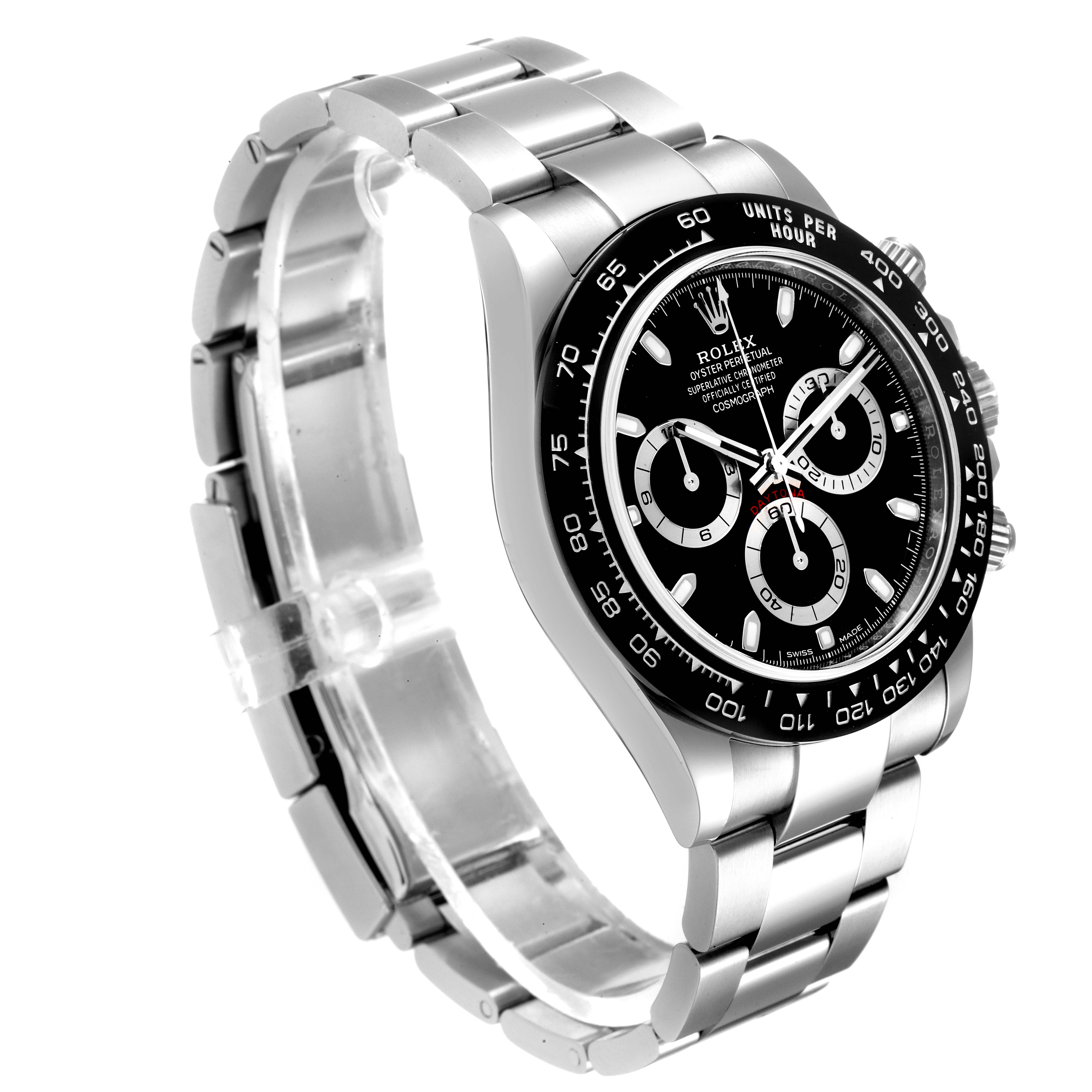 This image shows the Rolex Daytona 116500 Men's Stainless Steel Black Dial 116500 Men's Stainless Steel Black Dial watch at a slight angle, highlighting the dial, bezel, and part of the bracelet.