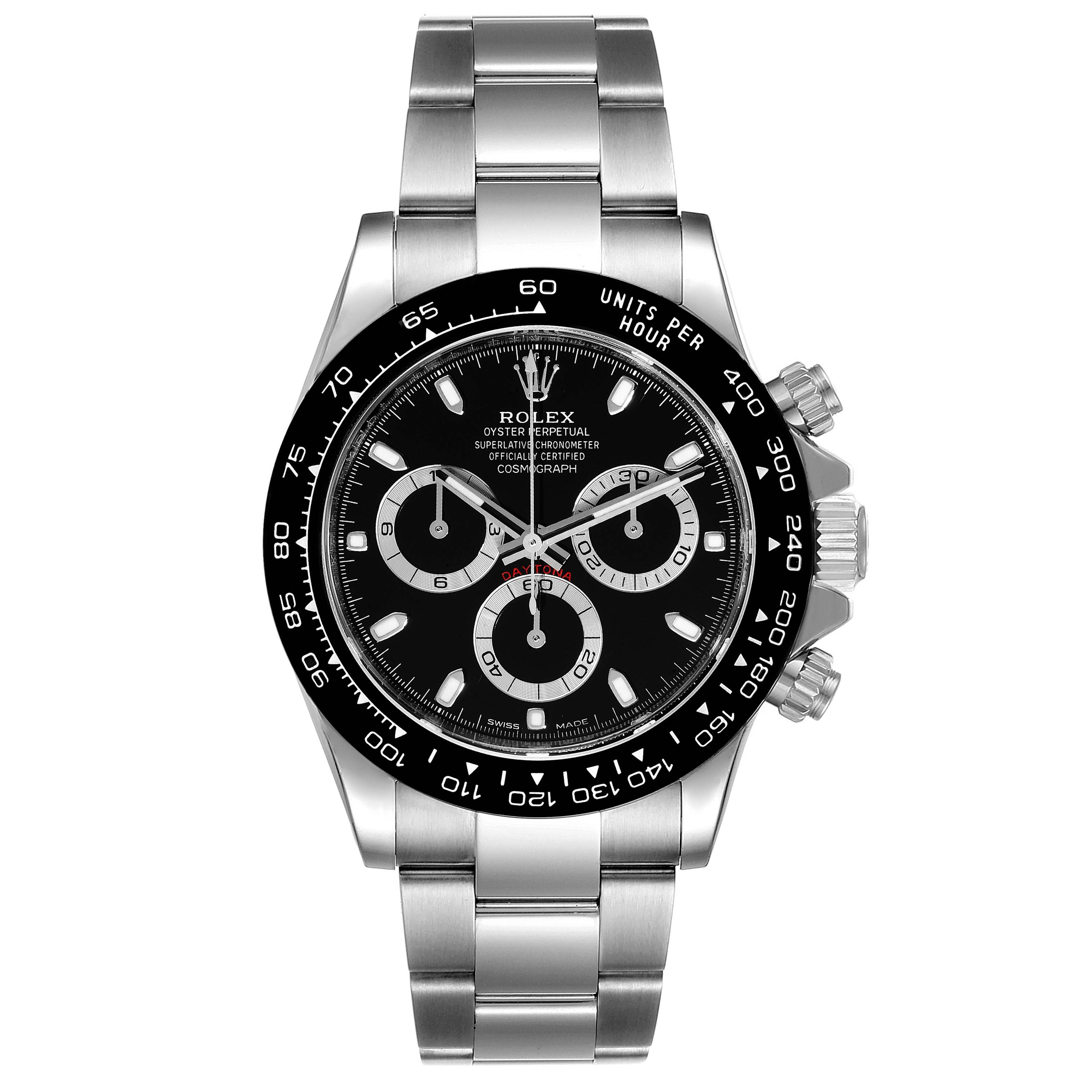 This image shows a frontal view of a Rolex Daytona 116500 Men's Stainless Steel Black Dial 116500 Men's Stainless Steel Black Dial watch, displaying its face, bezel, and bracelet.