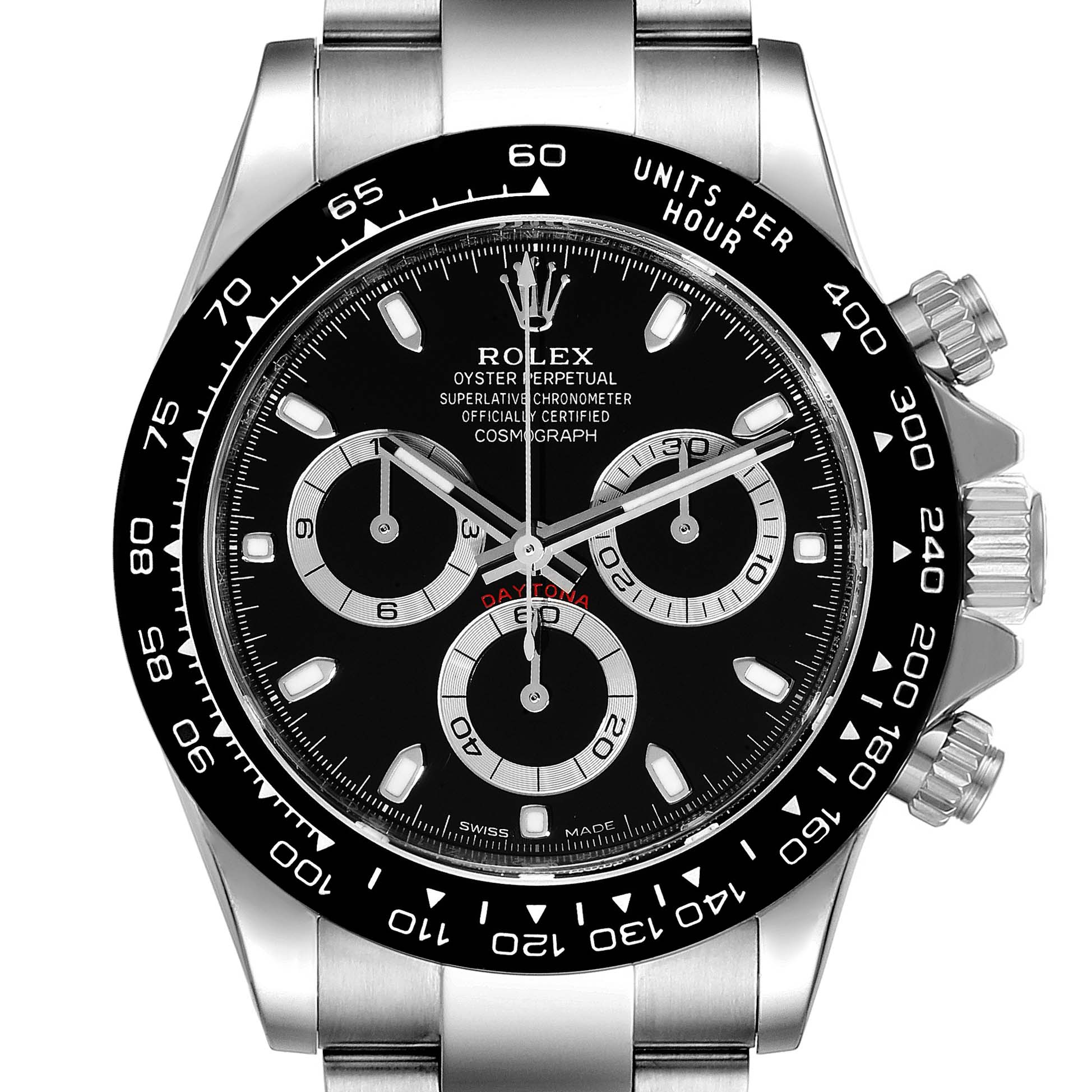 The image shows a front view of the Rolex Daytona 116500 Men's Stainless Steel Black Dial 116500 Men's Stainless Steel Black Dial watch, highlighting its black dial, chronograph subdials, and tachymeter bezel.